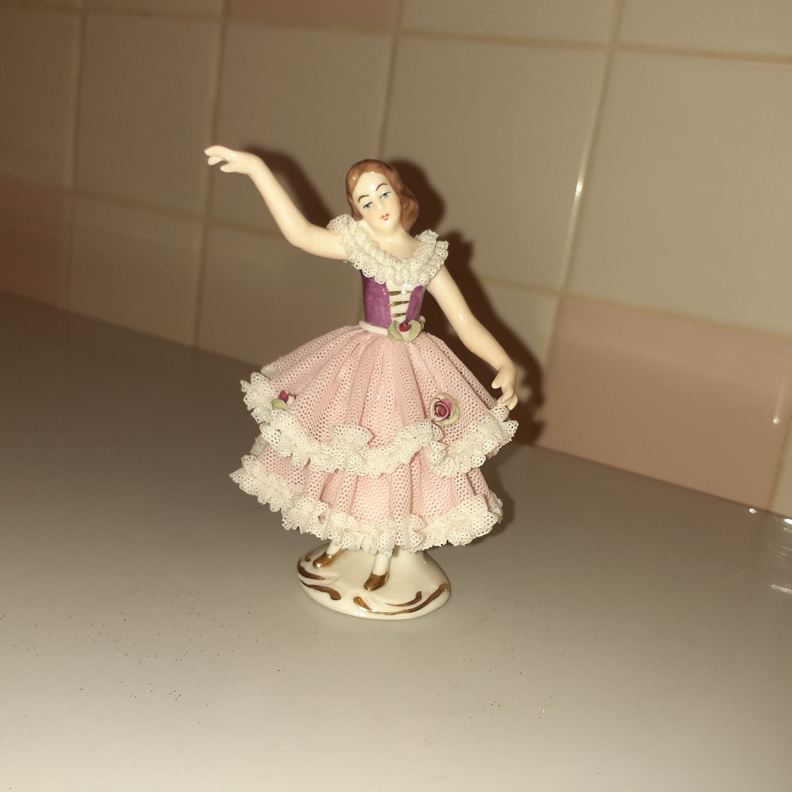 Vintage Dresden Germany Porcelain Lace Lady Figurine 3.7″ tall x 2.6″ x 2.2″