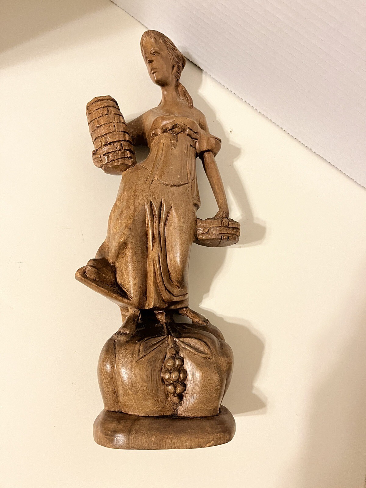 Vintage Renaissance Wood Sculpture Lady With Baskets