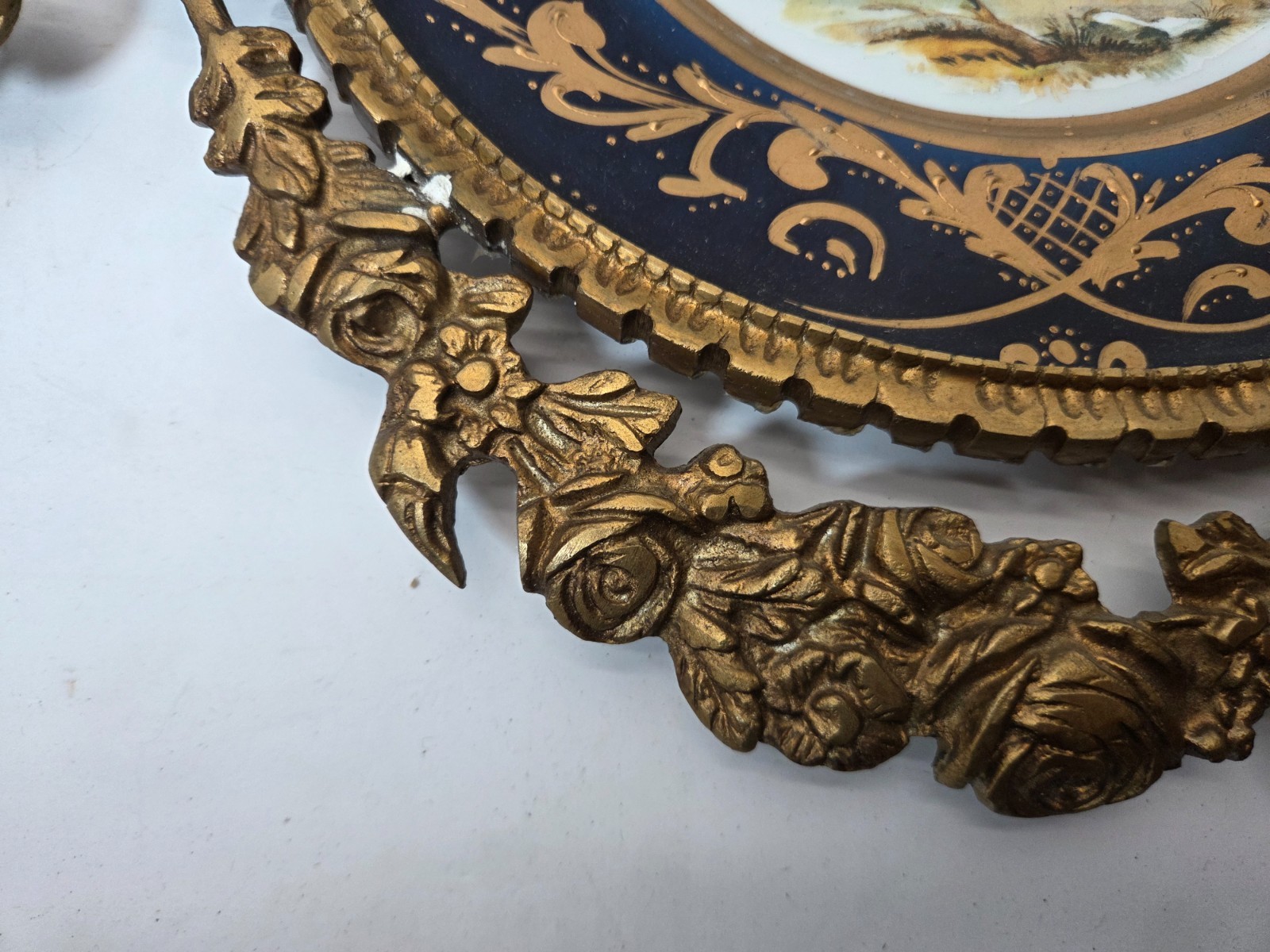 Pair of ornate Sevres style porcelain plate in brass Frame louis XVI wall plates