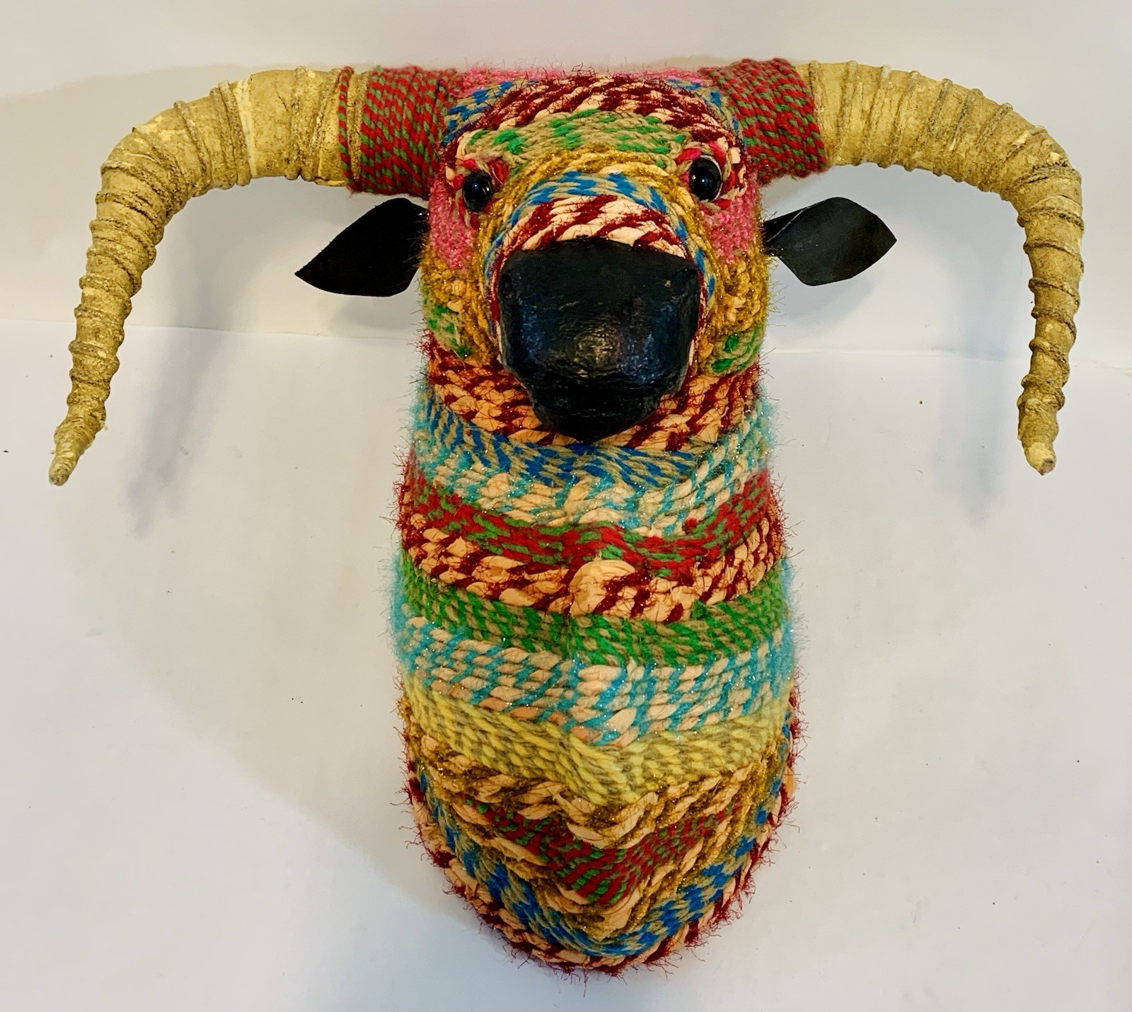 Folk Art Wall Hanging Animal Bust Ox Steer Bull Head Multicolor Jute Twine
