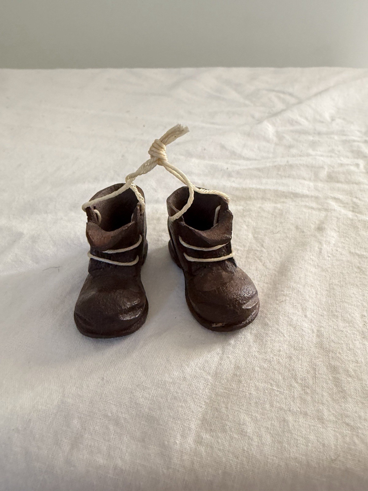 Vintage Miniature Pair Hand Carved Wooden Old Boots with Laces 2” Folk Art Shoes