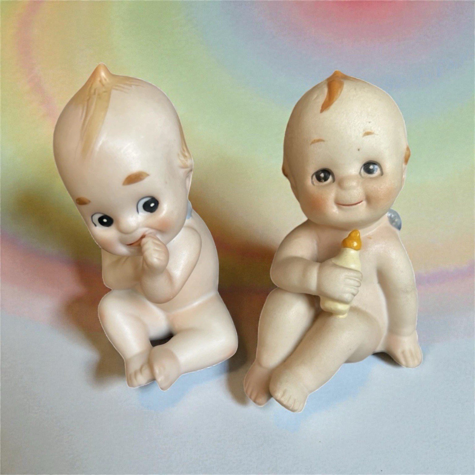 Lefton Kewpies Set of 2 Bisque Piano Baby with Blue Wings Different Poses