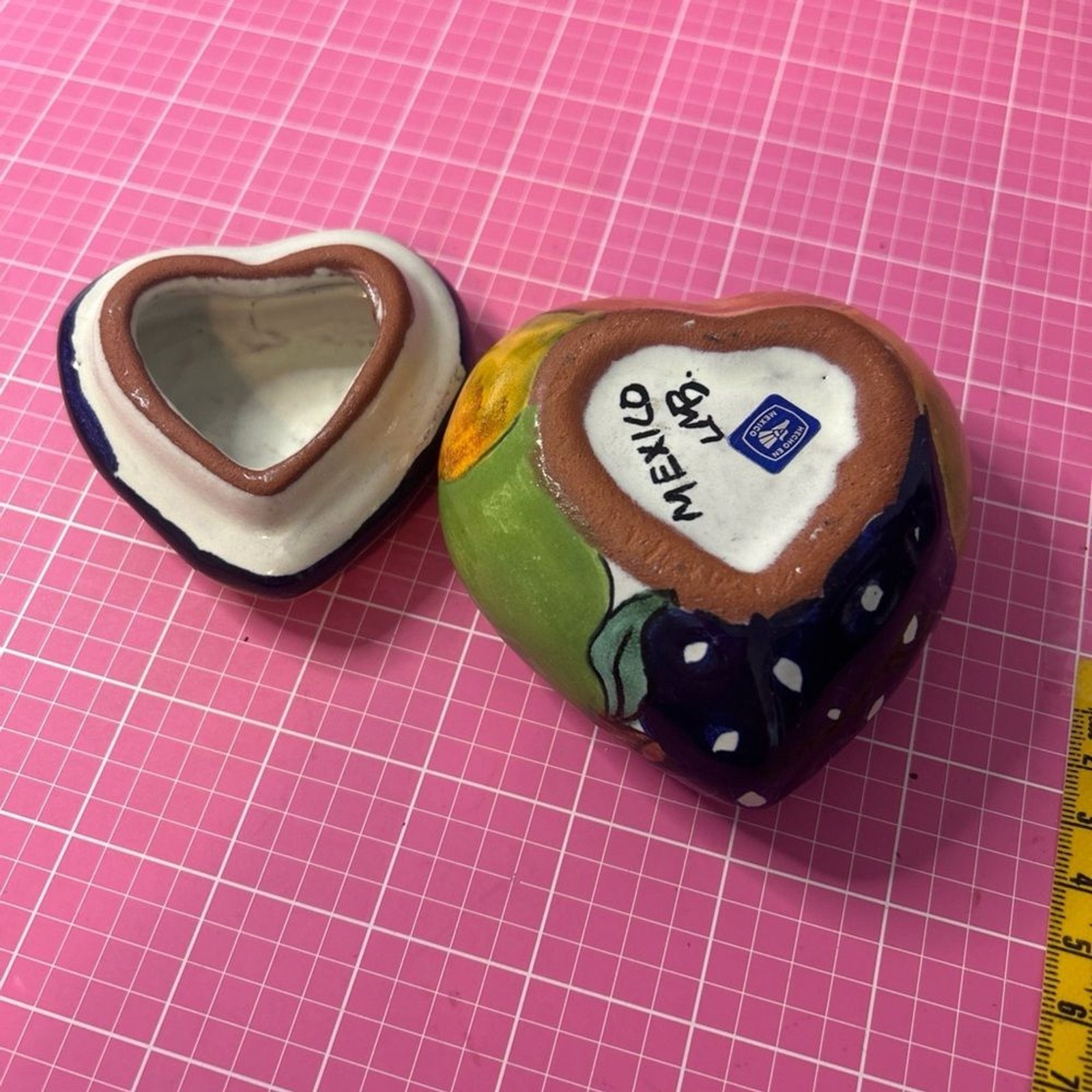 Artistic Blue and Yellow Ceramic Heart Shape Box with Fruit Design