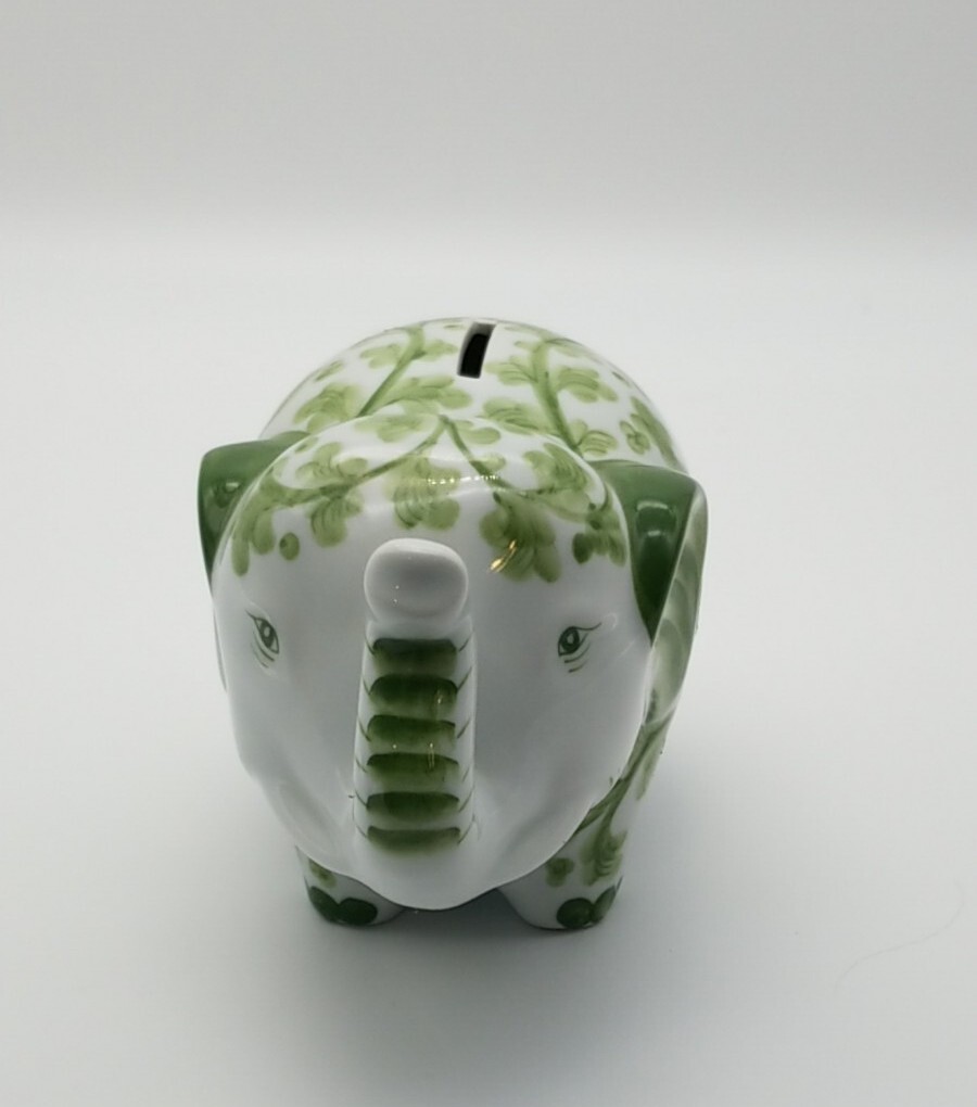 Andrea by Sadek Green and White Porcelain Elephant Coin Bank