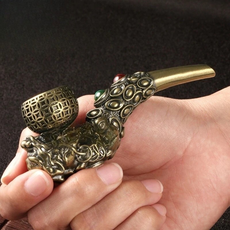 10.3cm Chinese Vintage Brass Tobacco Pipe Healthy Cigarette Holder Men Gift