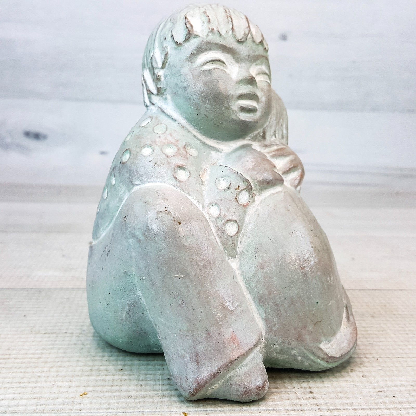 Vintage Isabel Bloom 5″ Figure Concrete Statue Boy Hugging Dog Gray Blue Signed