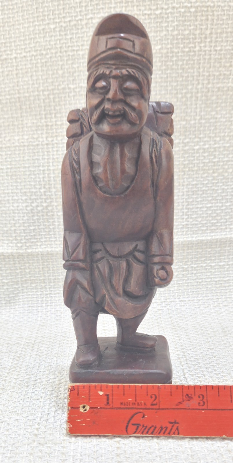 VTG Dark Wood Cherry? Carved Asian Folk Art Traveler Mud Man Sherpa Man Figurine