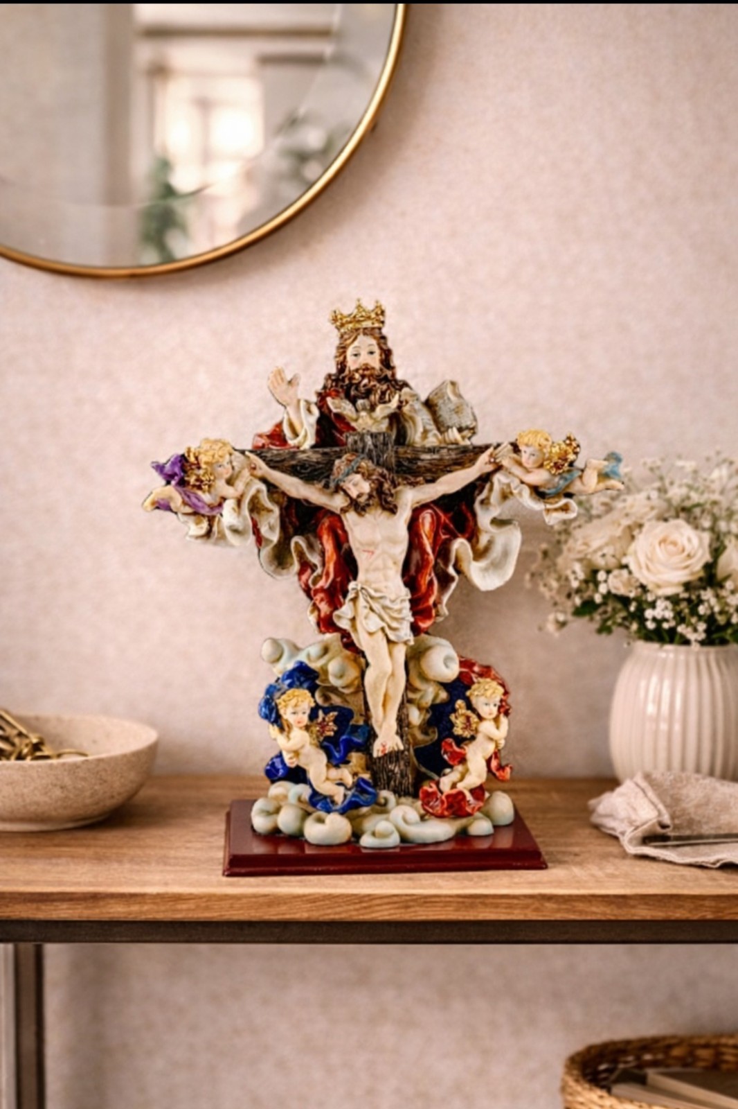 Autom, Holy Trinity – 18″ Resin Sculpture, Self Standing Crucifix on Wooden Base