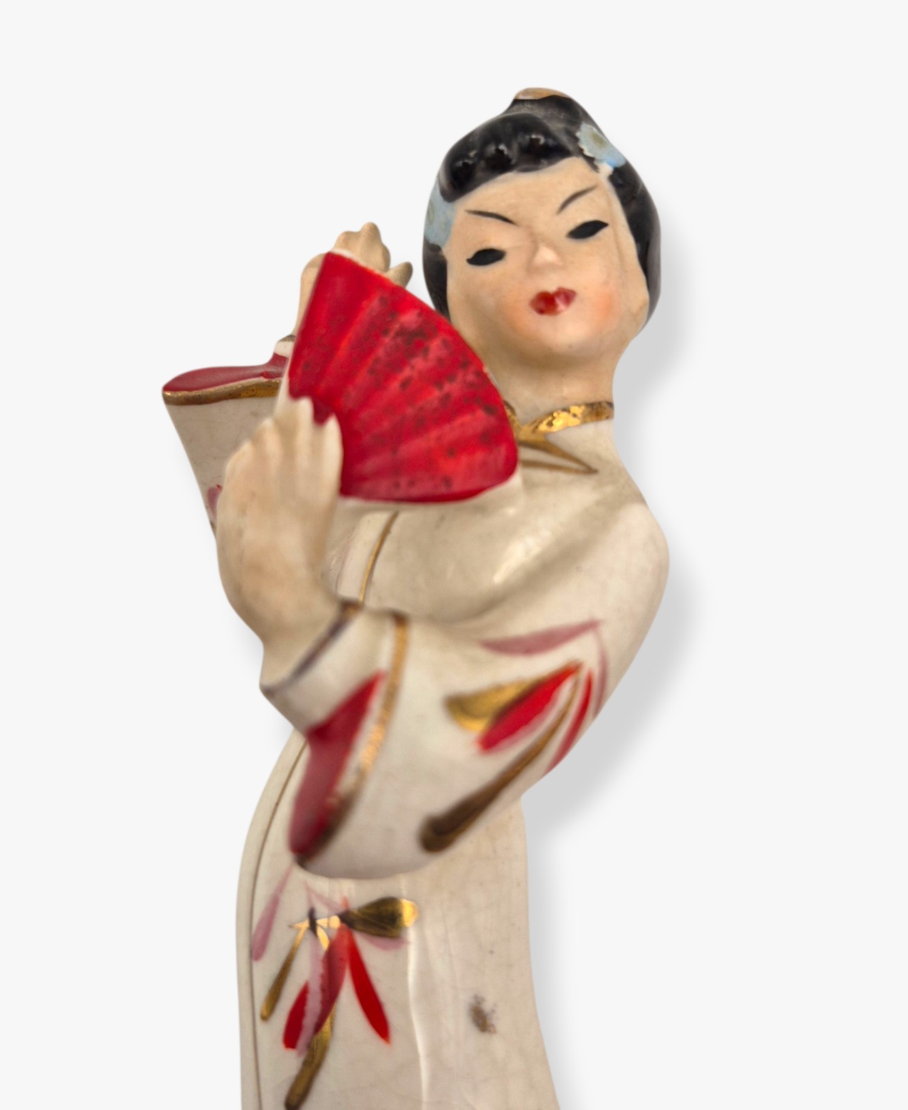 Vintage Japan Geisha Figurines Pair Porcelain Asian Ladies Fans Floral Kimono 6″