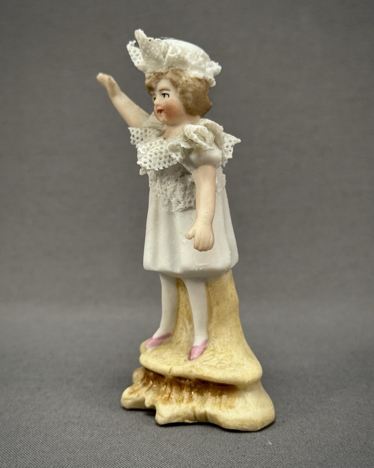 German Bisque Dresden Lace Porcelain Figurine Girl in White Dress Bonnet 3″ Tall