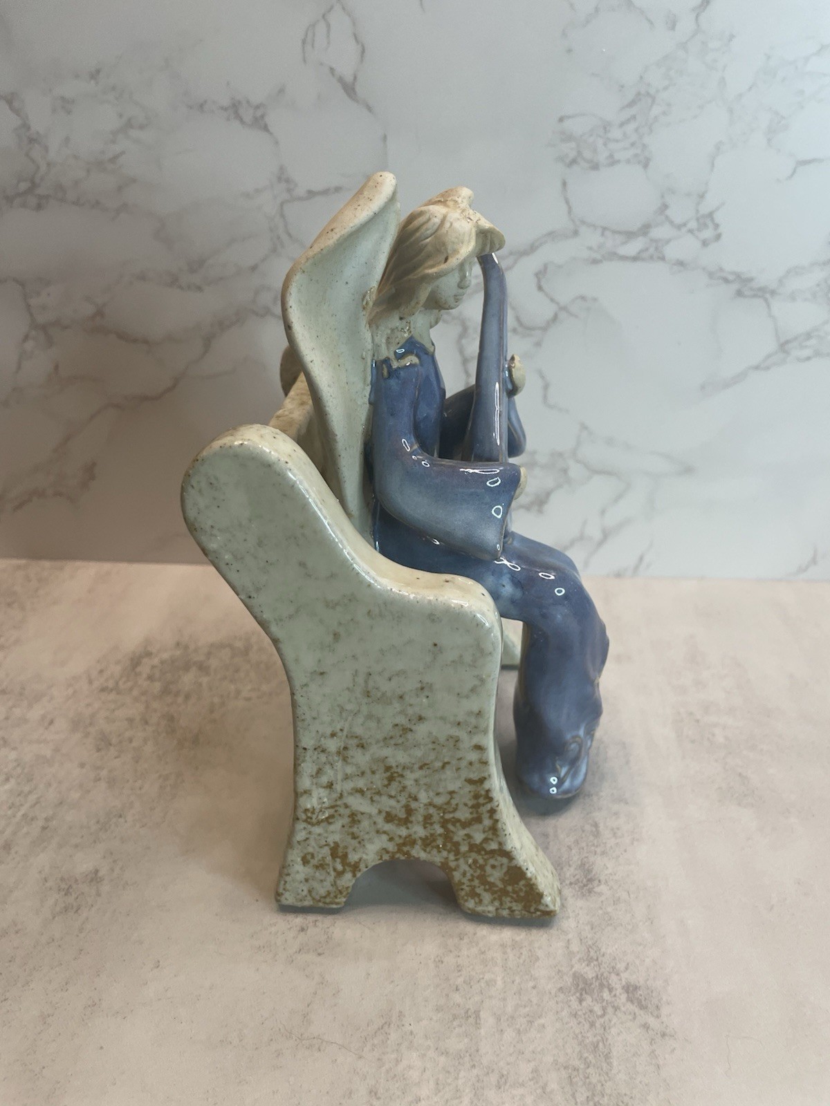 VTG Heavenly Helpers 7” Stoneware Pottery Angel on Bench Musician w/Lute 1999