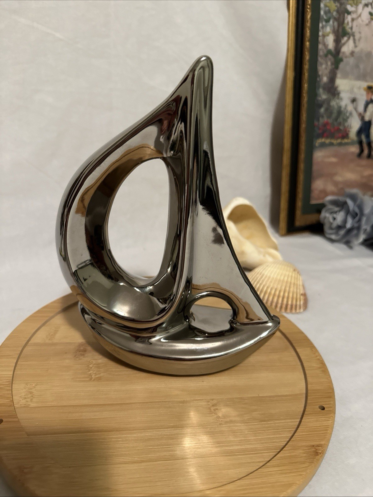 Sailing Boat Ceramic 8.5″ Figurine Chrome Glaze Nautical Sailboat Very Nice!