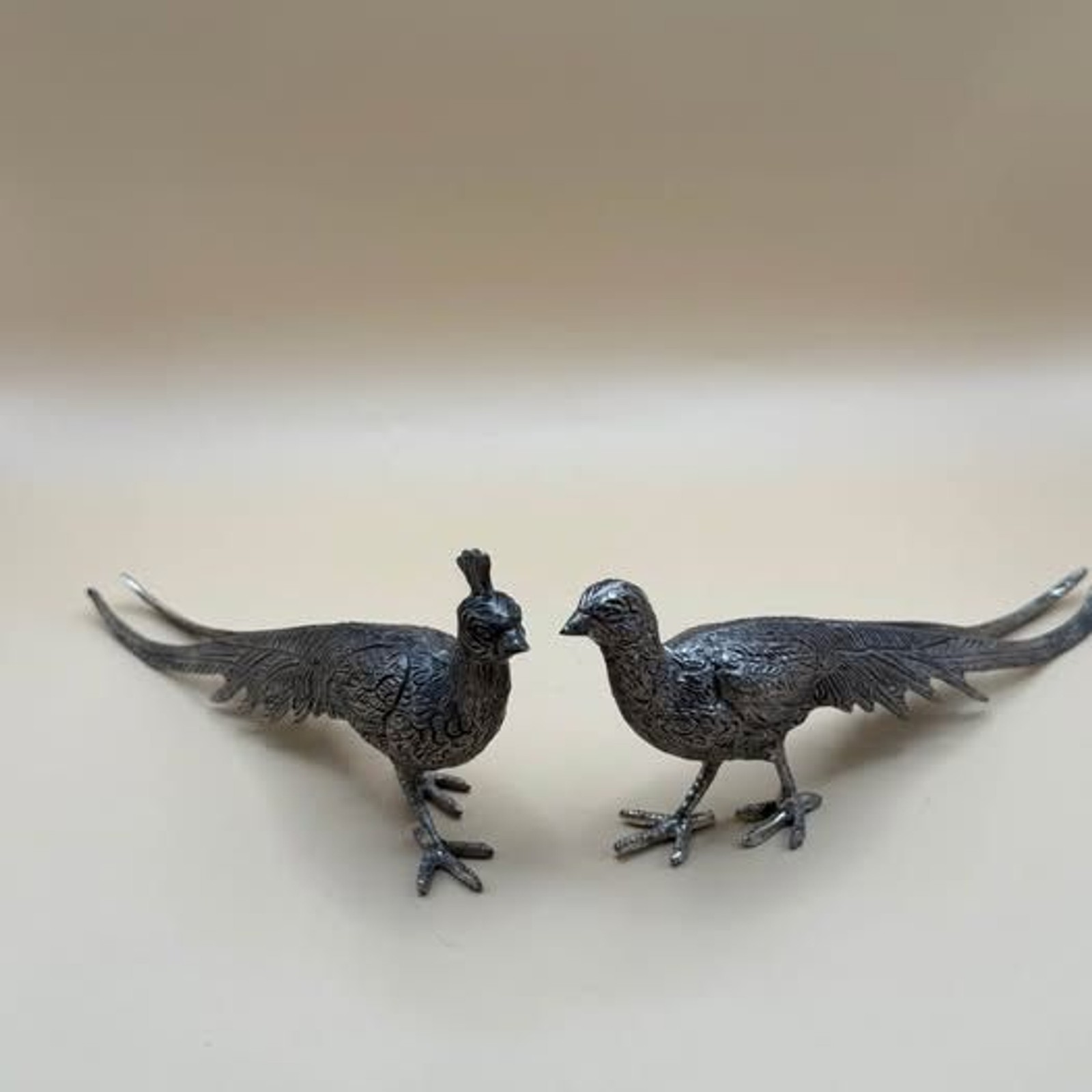Vintage Midcentury Rooster and Hen Pair of Pewter Pheasant Figurines