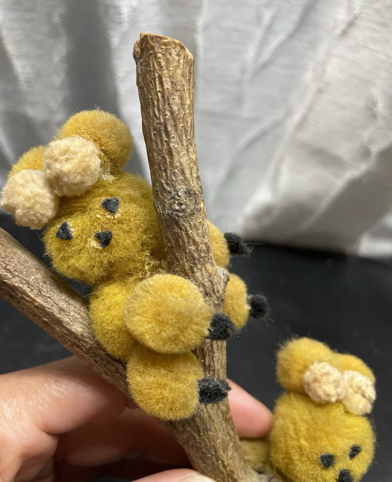 Handcrafted Miniature Animals/ Pompoms Made, Claiming a Branch, Mofy Rabbit