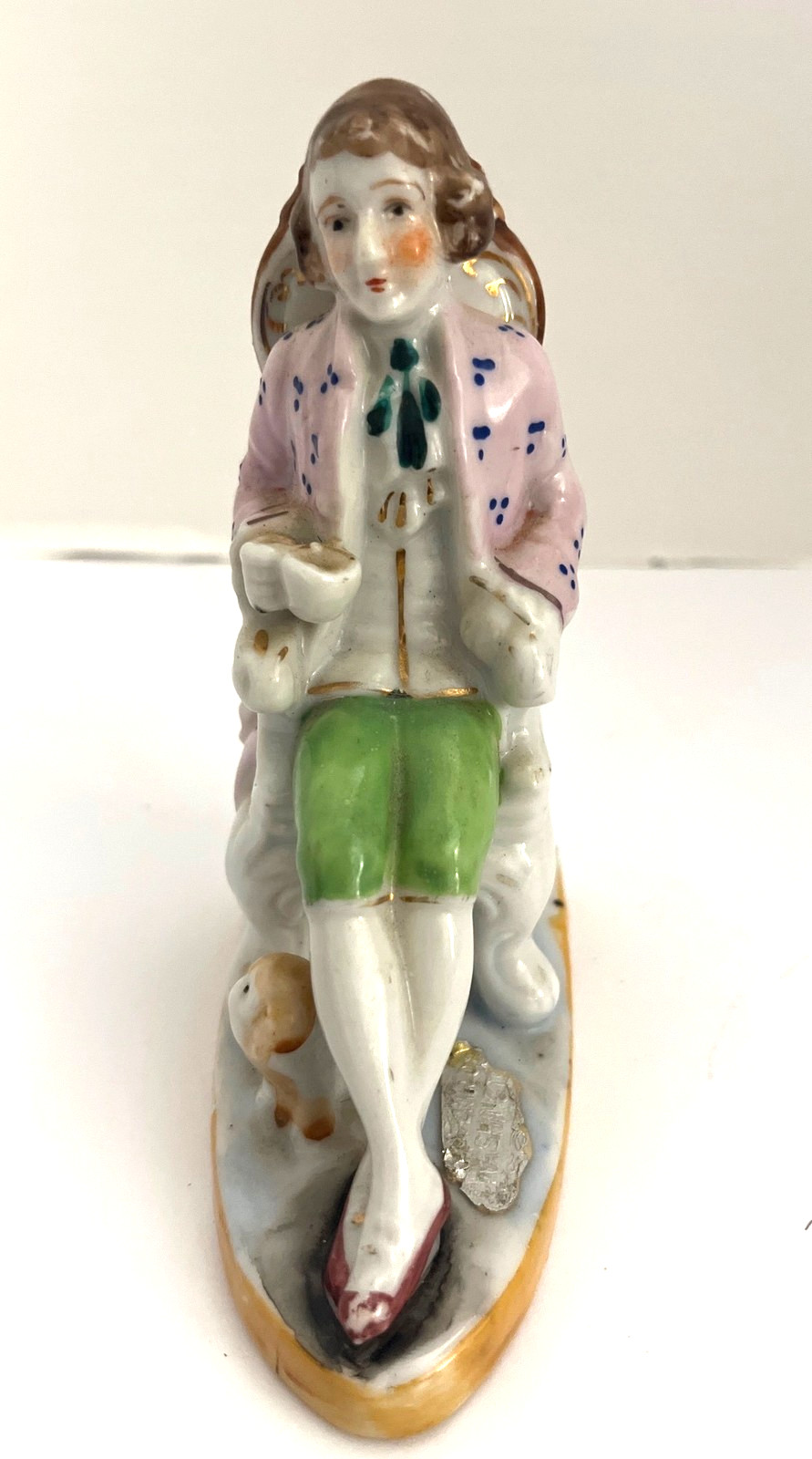 Vintage Porcelain Figurine Man in Chair with Dog Hand Painted 5 1/2”