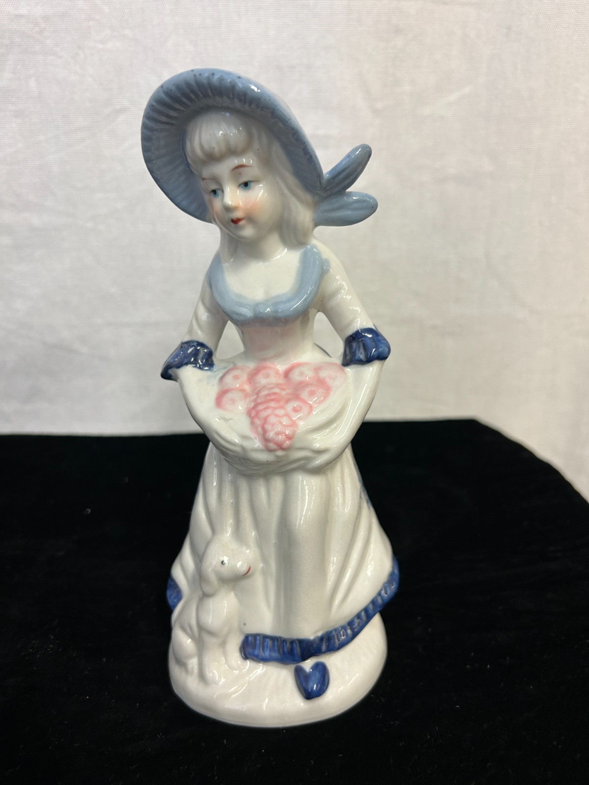 Vintage Shiah Yih Porcelain Blue and White Lady Girl with Flowers Dog
