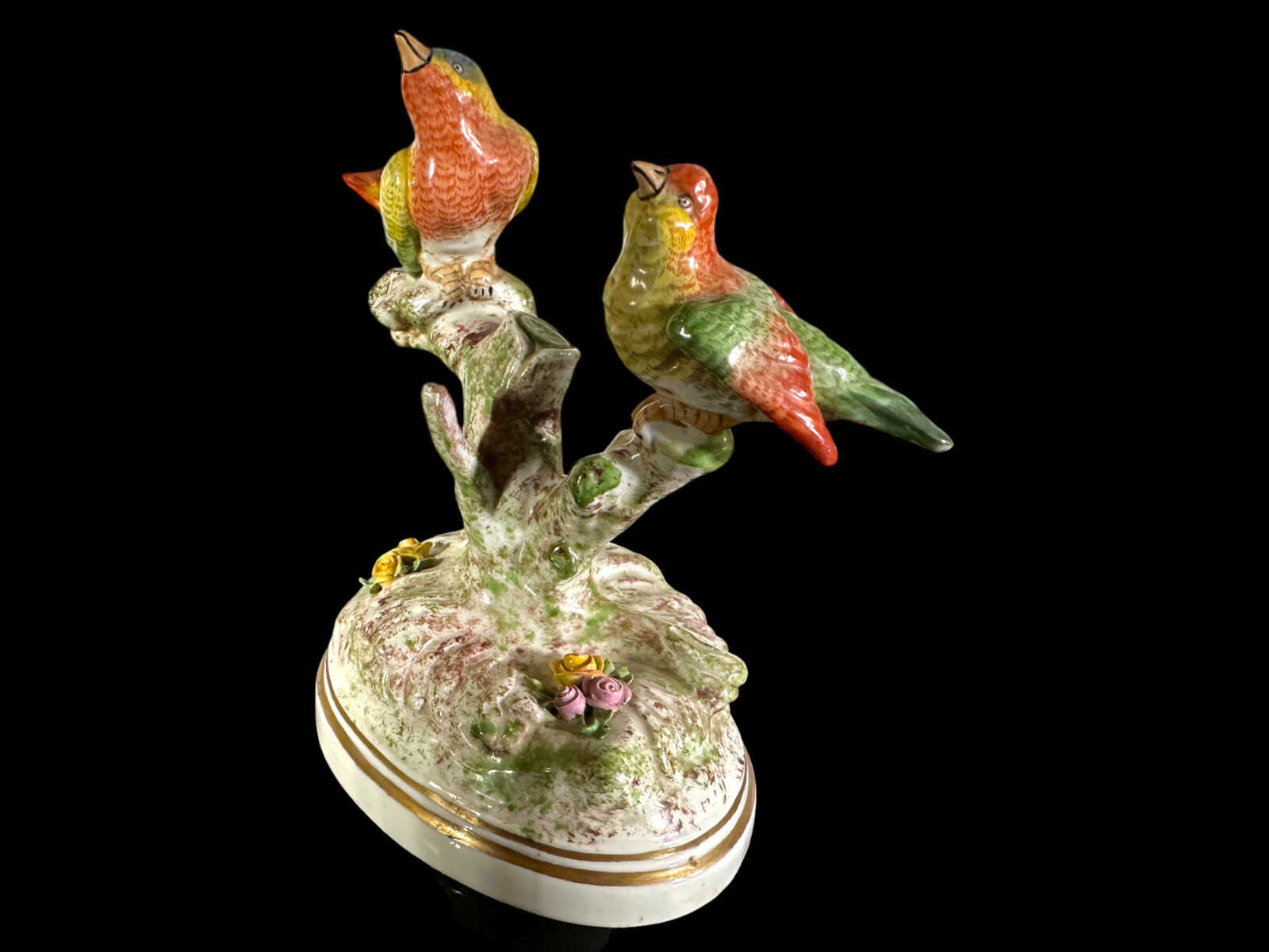 Pair of Porcelain Finch Birds on Branches, France, Early 20th Century