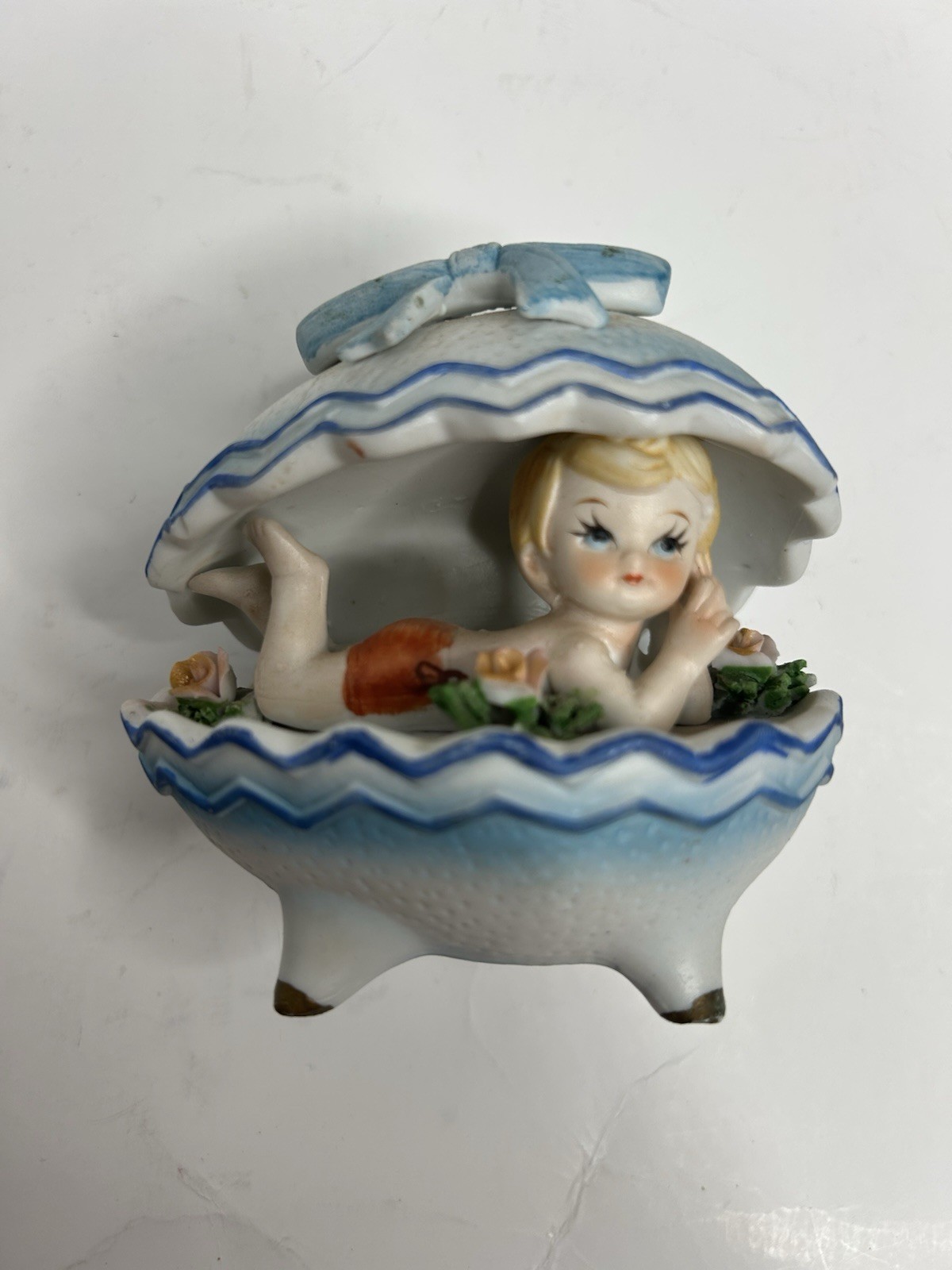 Blonde Blue Eyed Baby Figurine VTG Orleans Blue Ceramic Footed Egg W/ Pink Roses