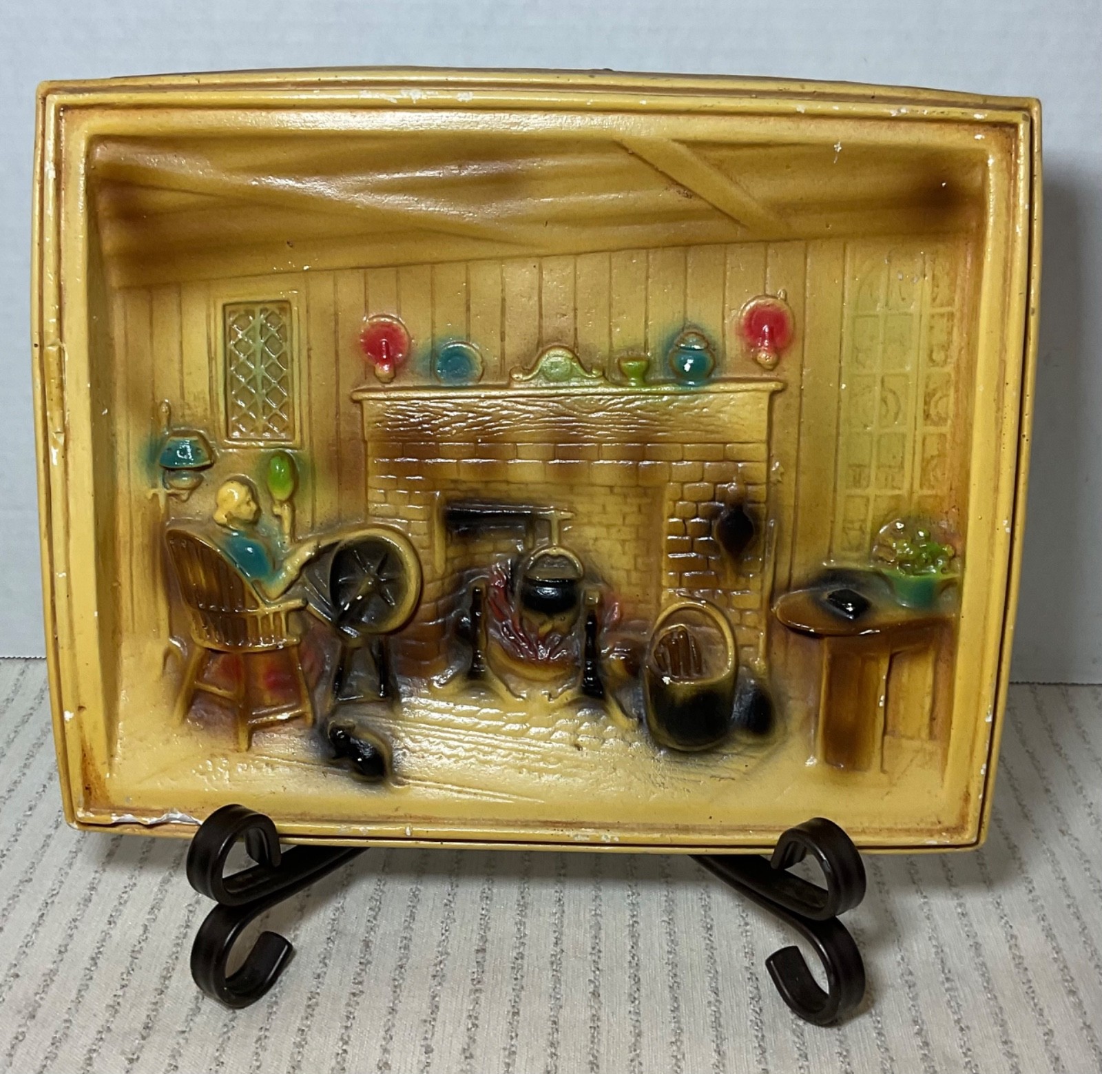 1960’s Chalkware 3-D Woman at Spinning Wheel Scene Scene Wall Plaque 11.5 x 9 in