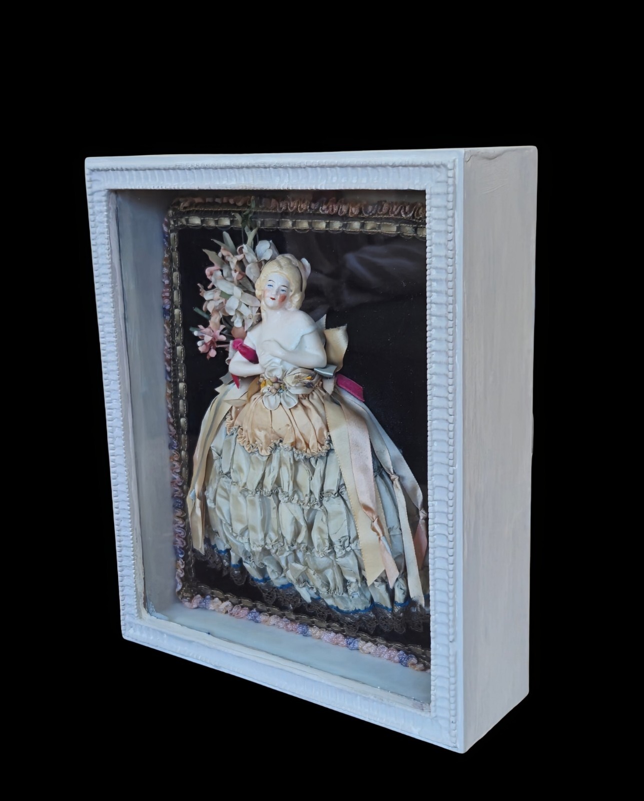 Early 1900’s German Half Doll Shadow Box Soft Ribbons Flowers Shabby Cottage