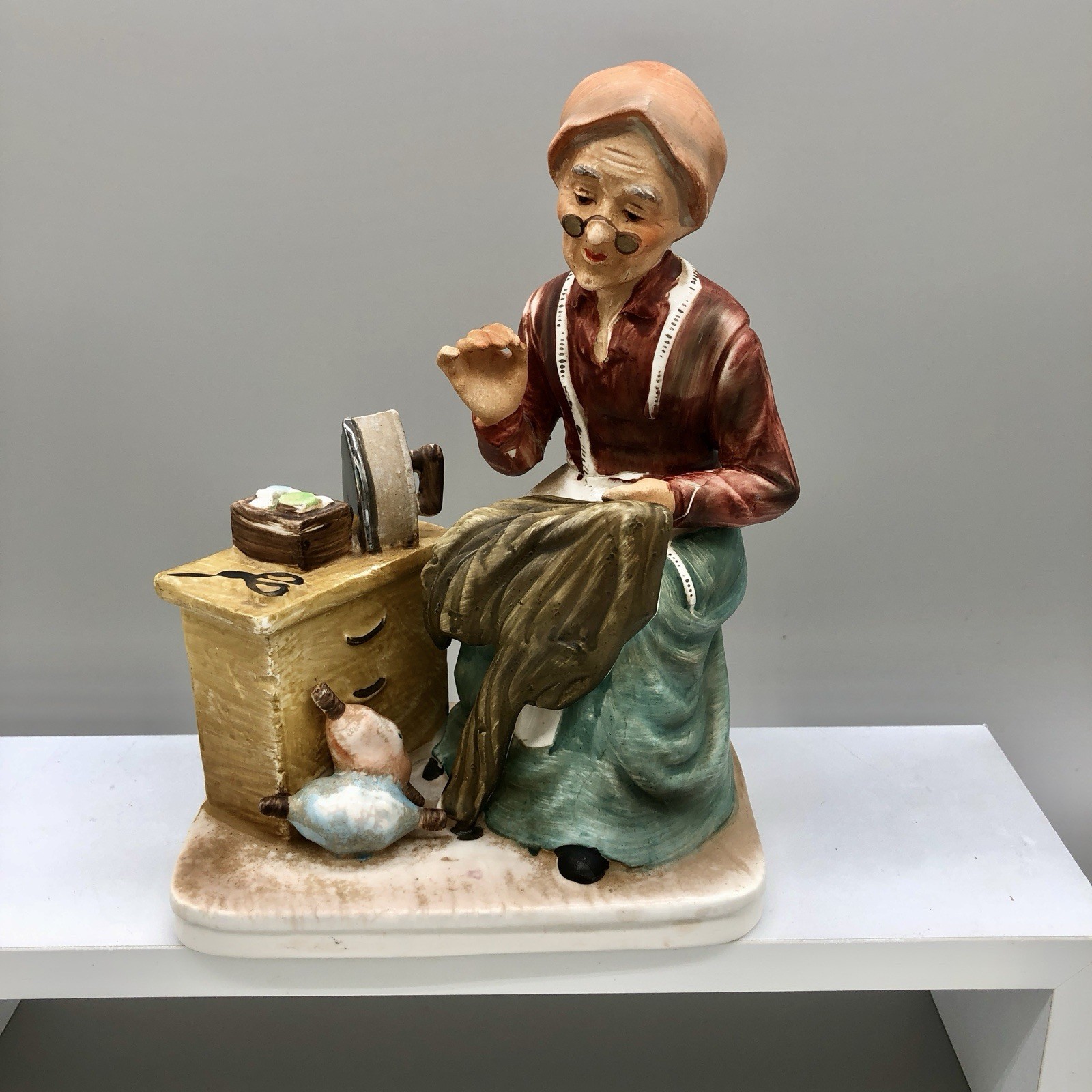 NORLEANS JAPAN “Old Woman Seamstress” Figurine VINTAGE Hand Painted Porcelain
