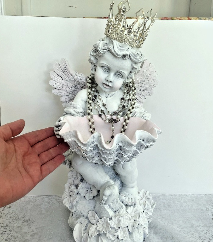 Shabby Distressed Cherub Bowl Statue Rhinestone Crown White & Pink French Angel