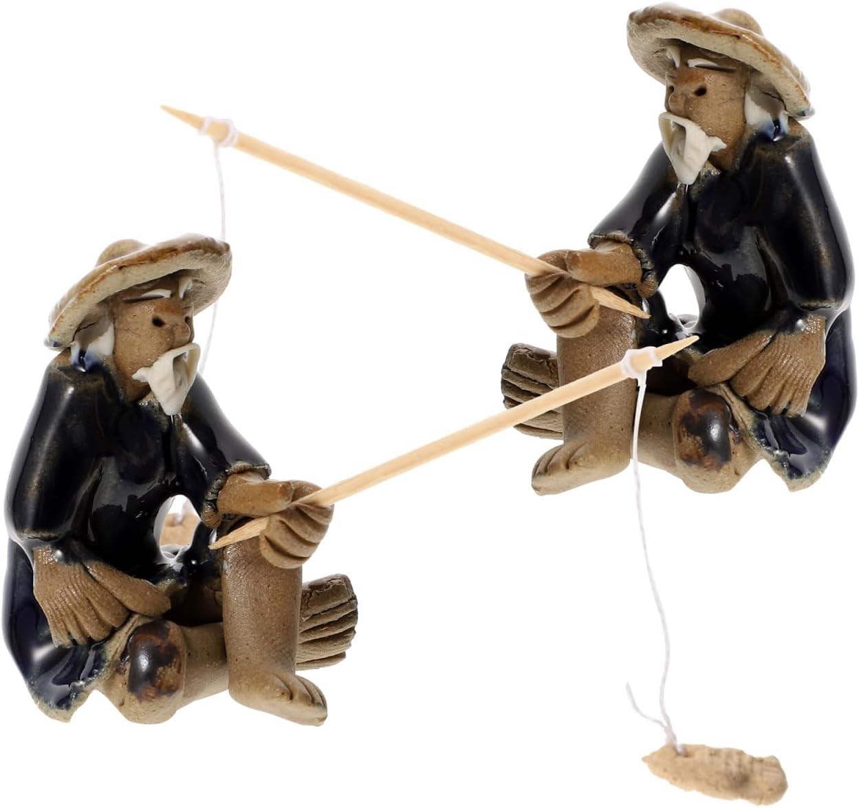 2 Pcs Mini Sitting Fishing Figurines, Ceramic Fisherman Figurines for Fish Tank