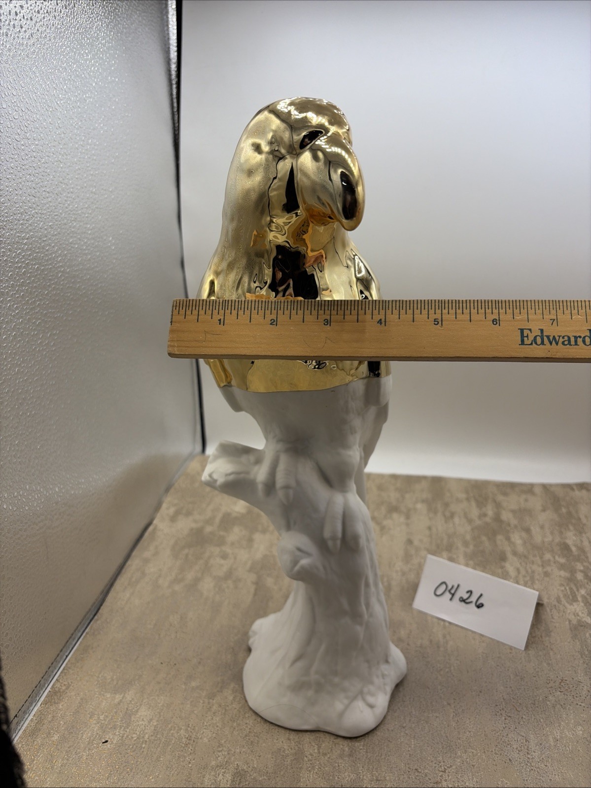 White Ceramic Parrot Statue With Guilded Top Accent 14” Tall