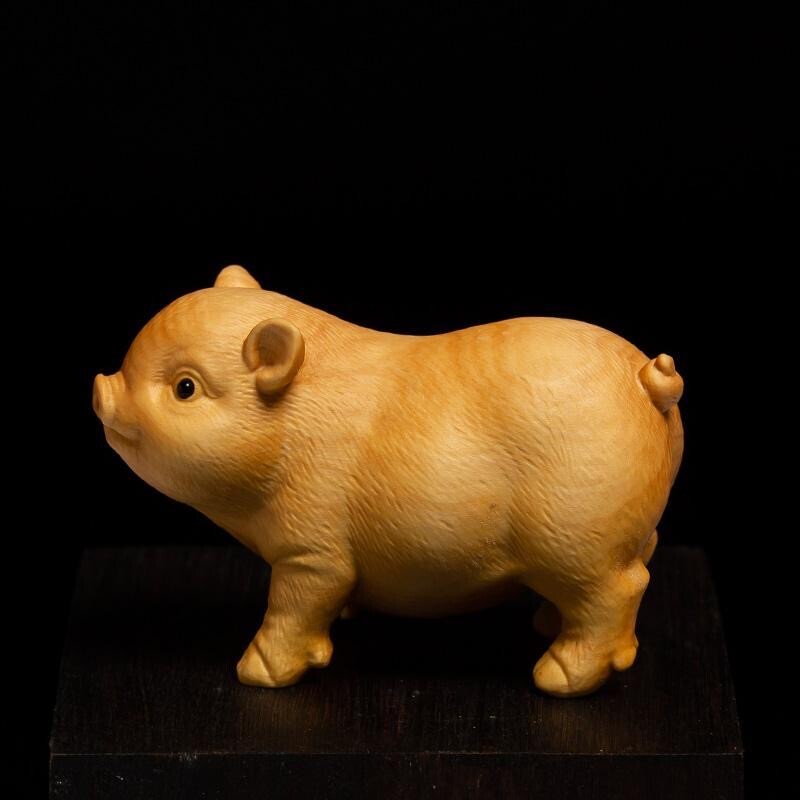 Handmade Wooden Pig Sculpture Statue Handcrafted Gift Decorative Animal Figurine