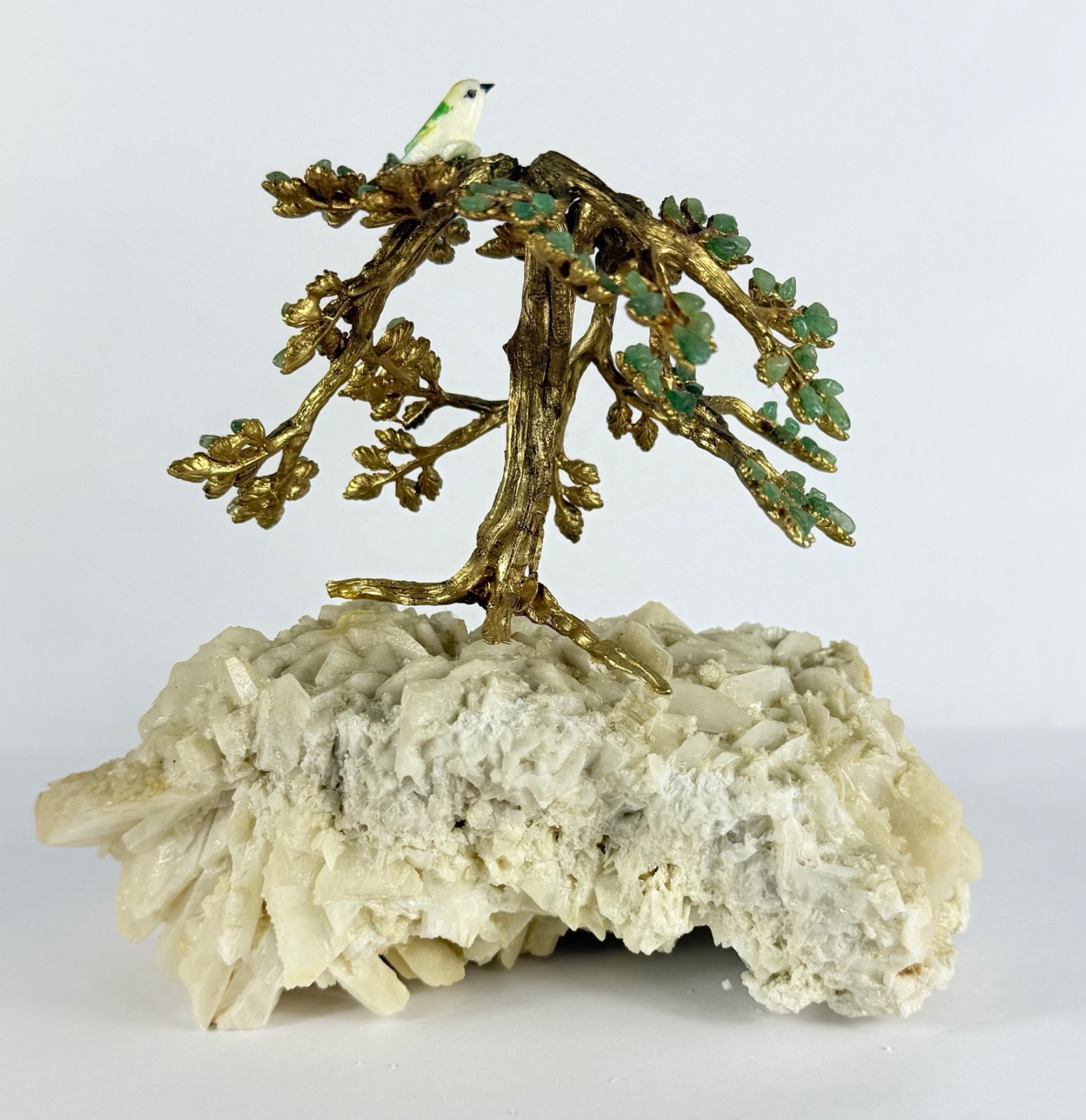 Swoboda Jade Leaves Tree With Bird Gold Trunk Branches Mineral Base VTG 60s