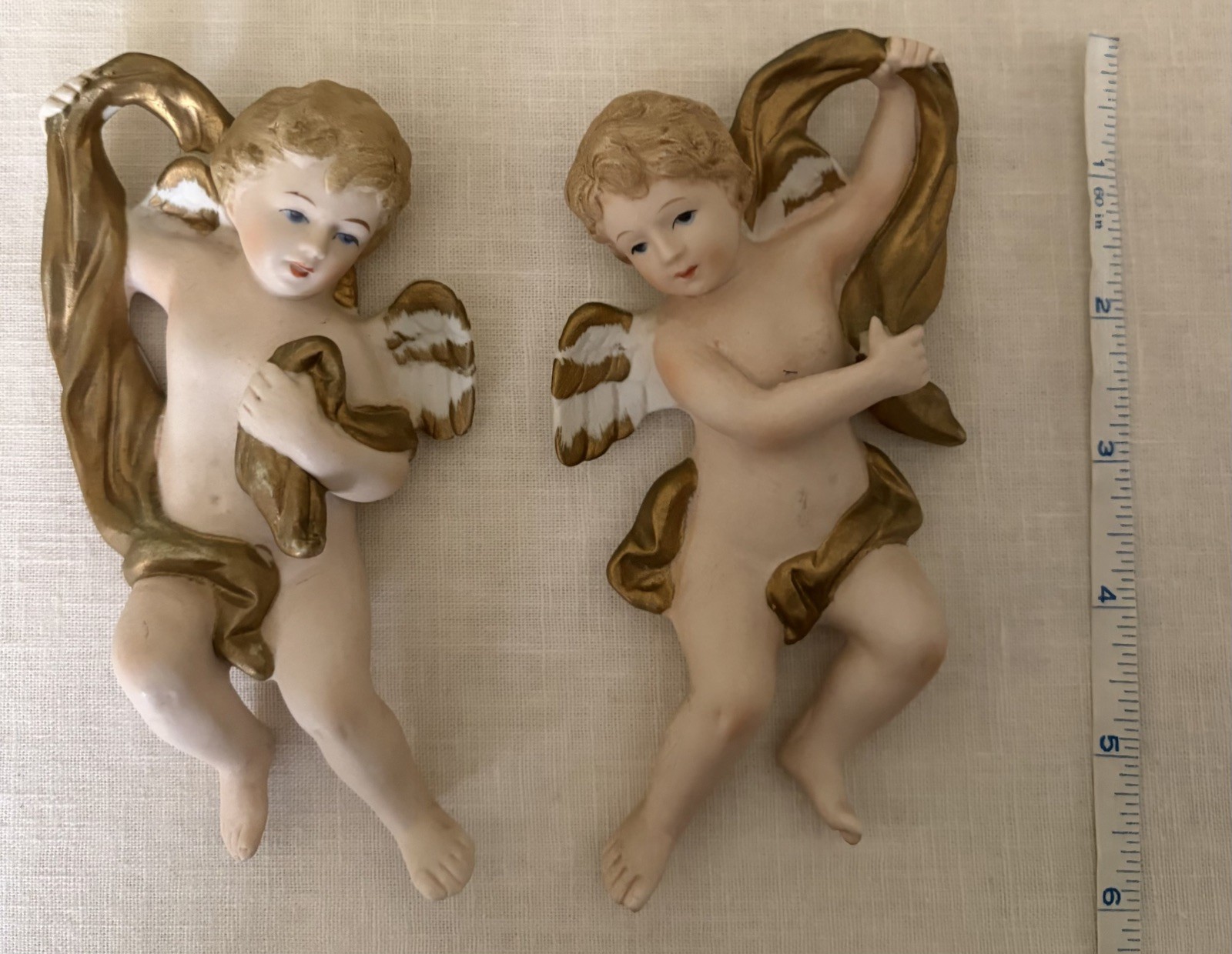 Vintage Pair LEFTON China Bisque Cherub Angel Wall Plaques White Gold