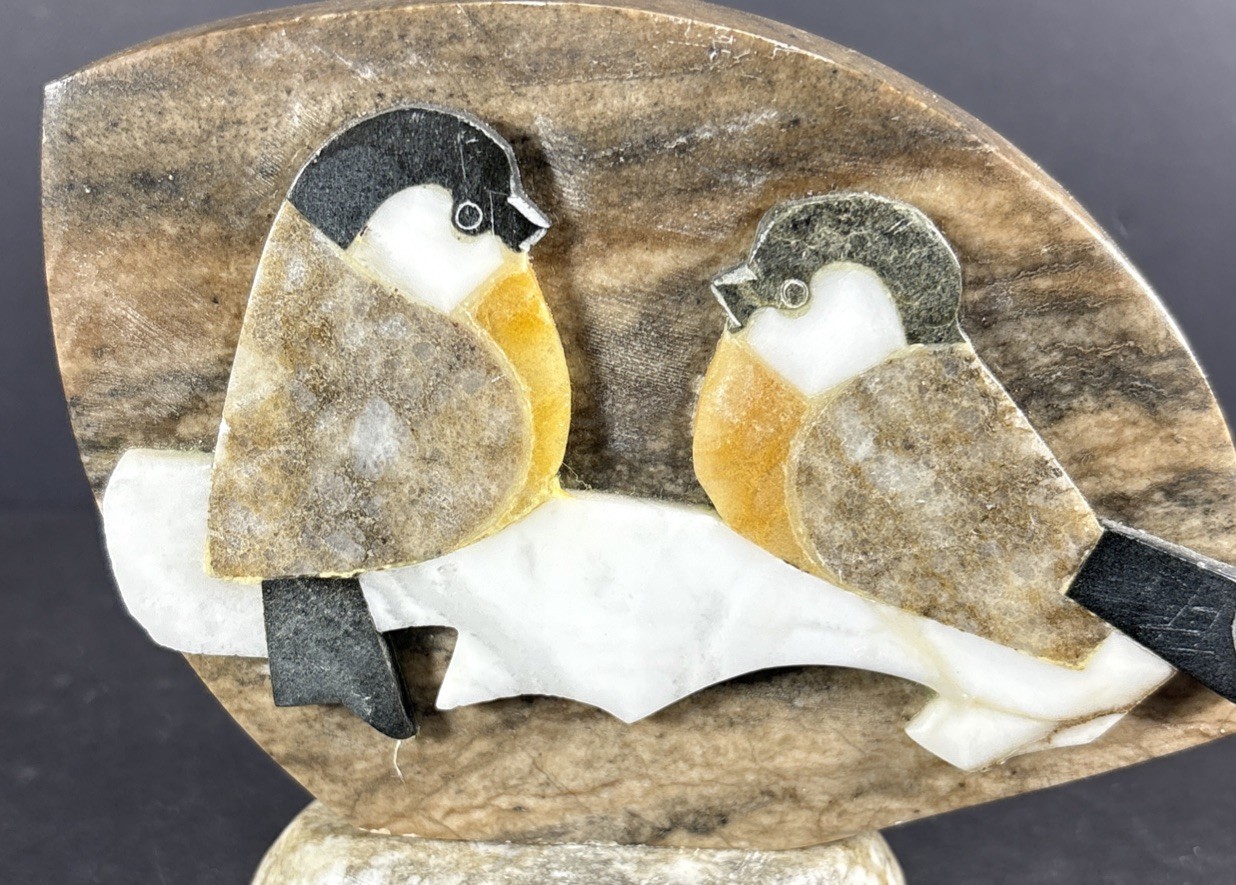 Vintage Carved & Polished Stone Soviet Folk Art Inlay Birds Paperweight 1960 6”