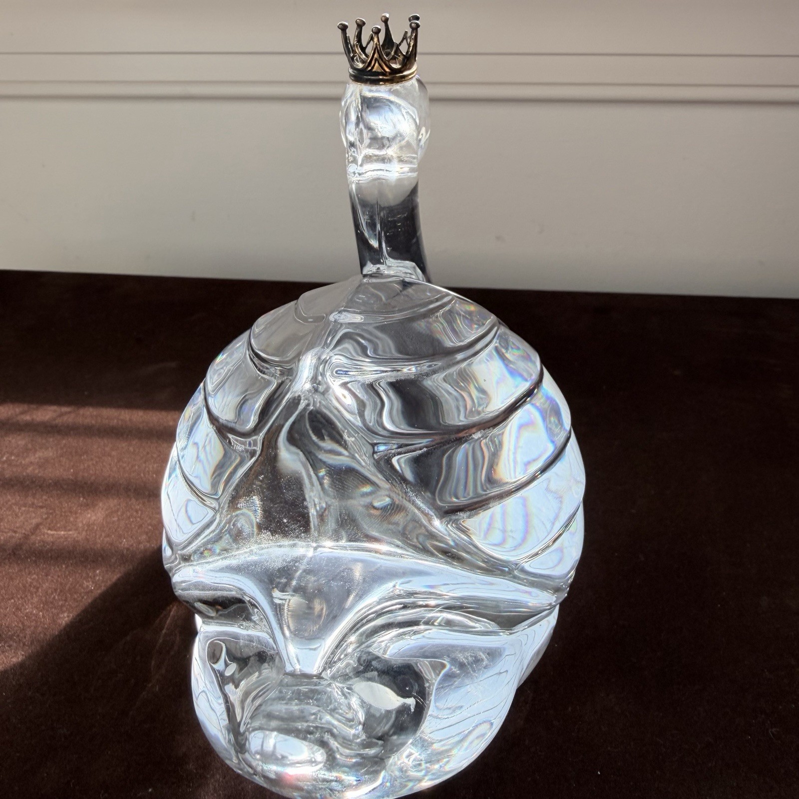 Lead Crystal Swan Figurine With Golden Crown Statue, Made in France