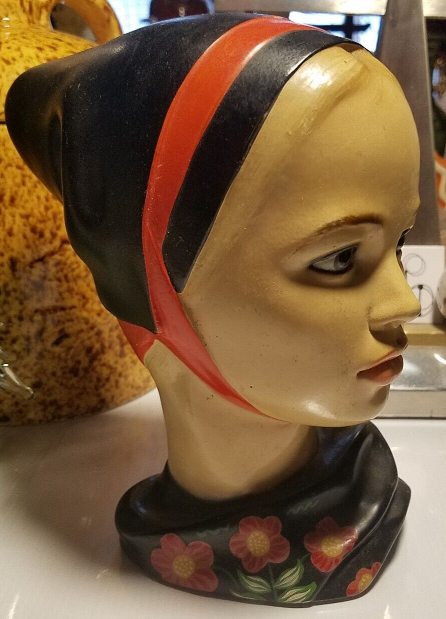 Vintage Marwal Scandinavian MCM Chalkware Plaster Girl Head Bust 8.5″ Tall