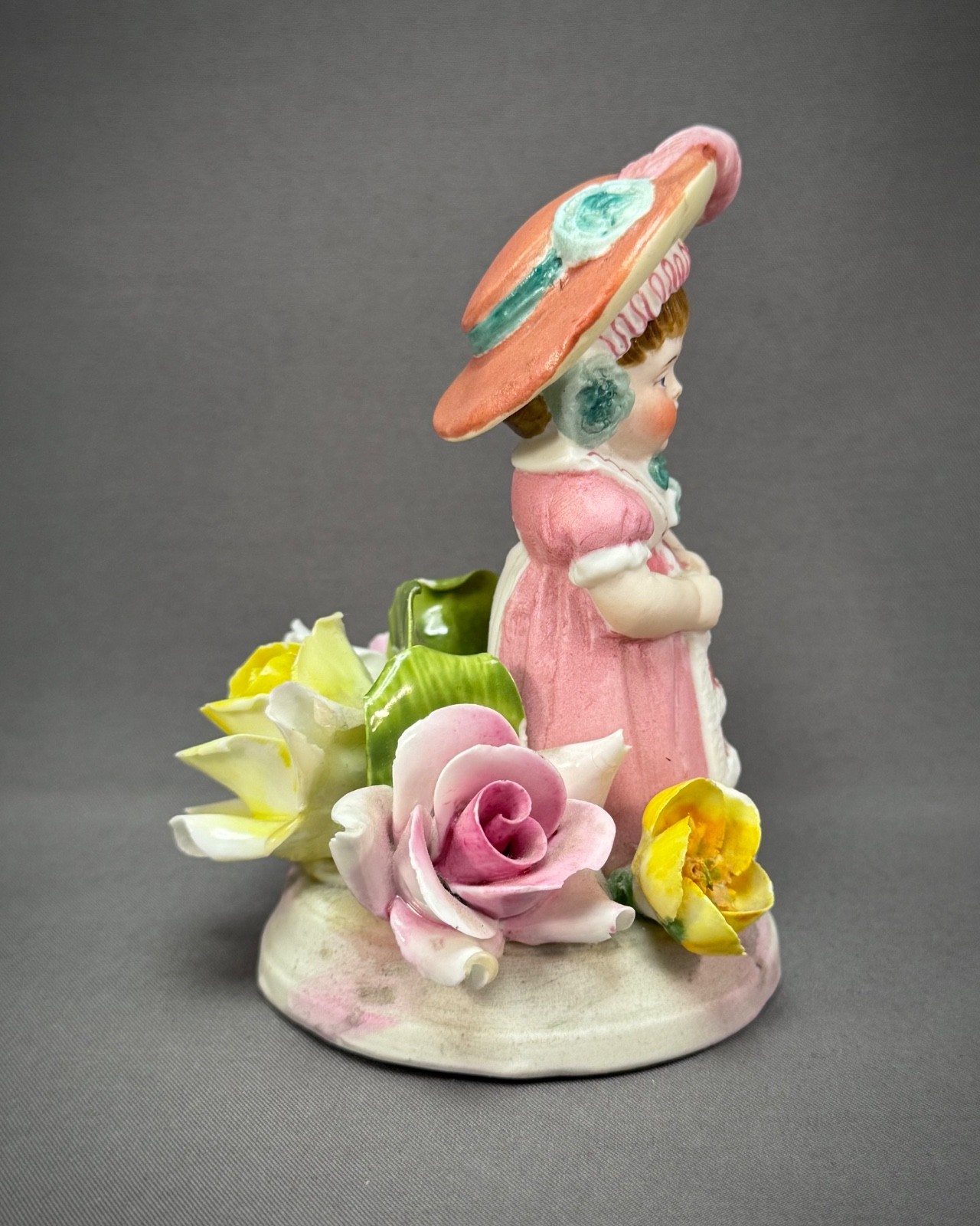 Antique German Bisque Porcelain Figure Girl Pink Dress & Hat Green Bow w Flowers