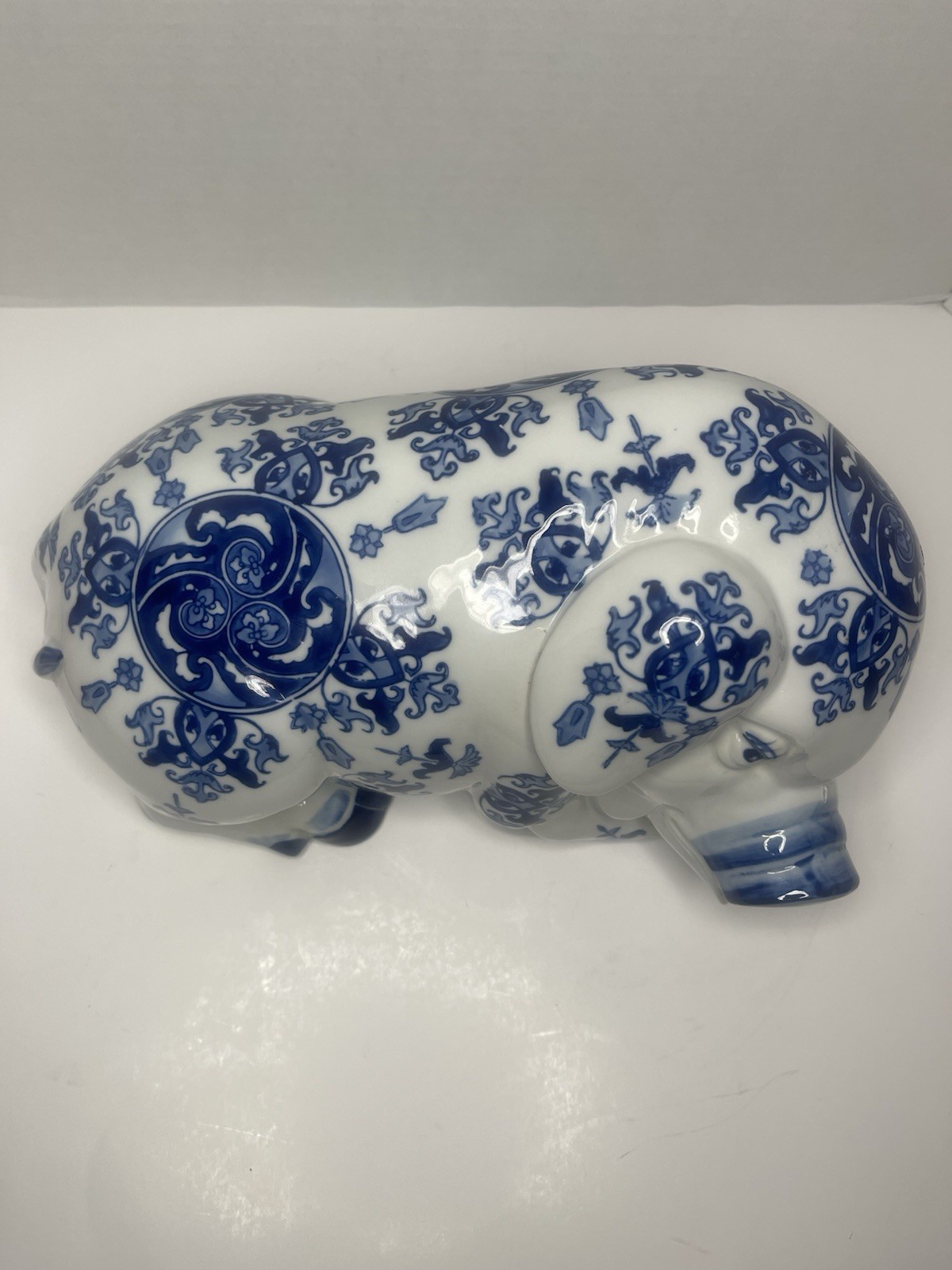 Vintage Chinoiserie Blue & White Porcelain Pig Figurine | Elegant | Decorative
