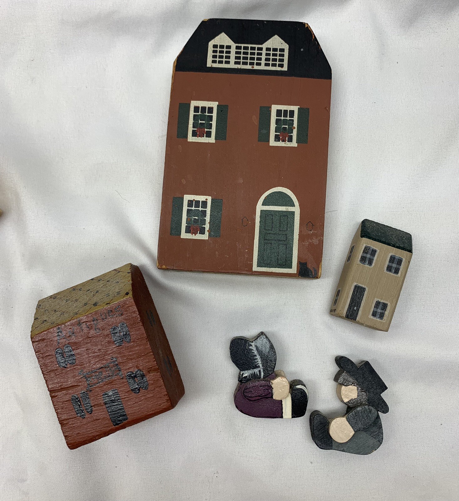 Vintage Wood Block Folk Art Cutouts Cats Meow Antique Store House People