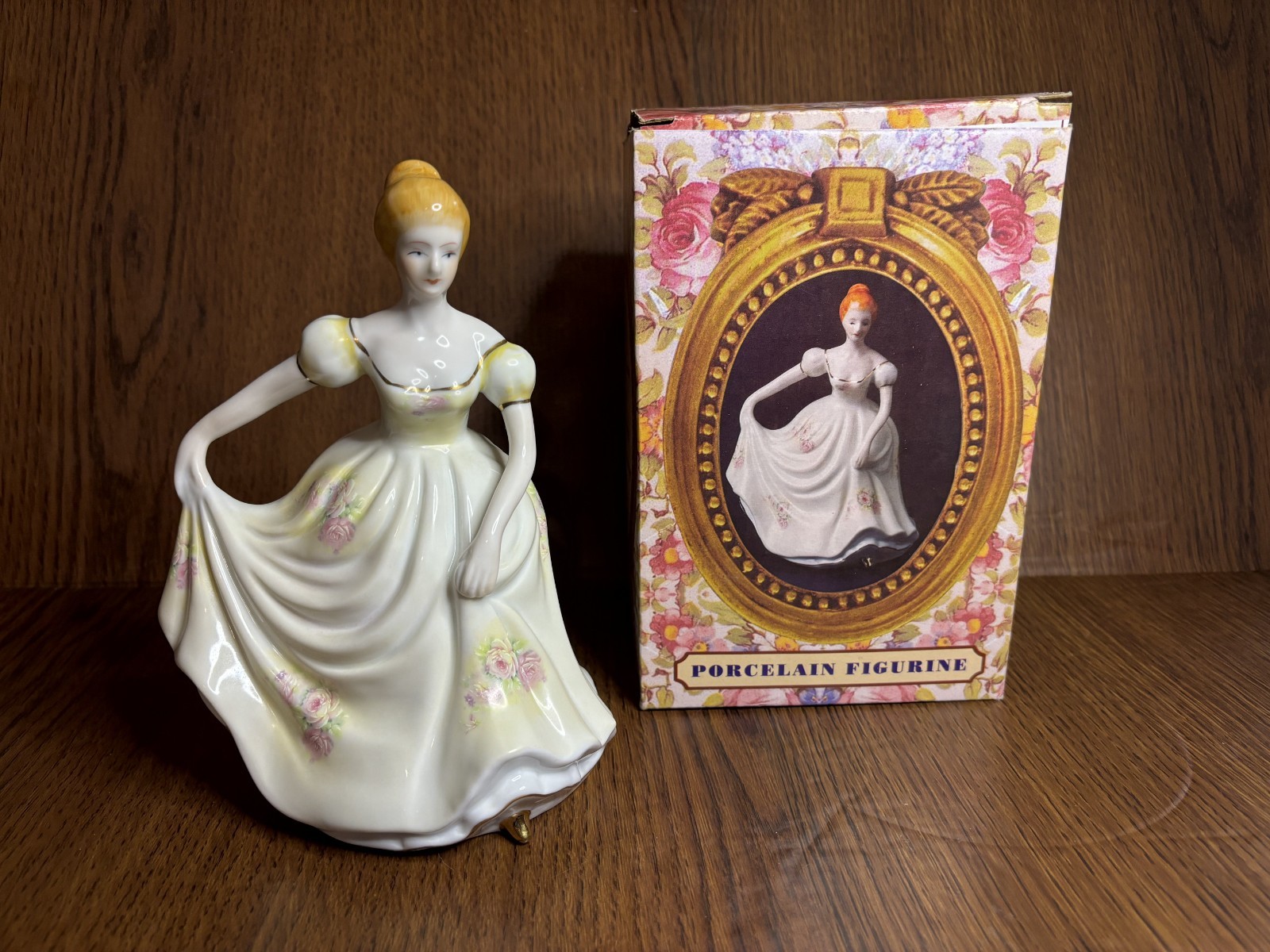 Cracker Barrel Porcelain Victorian Lady Figurine In Yellow Dress w/Pink Flowers