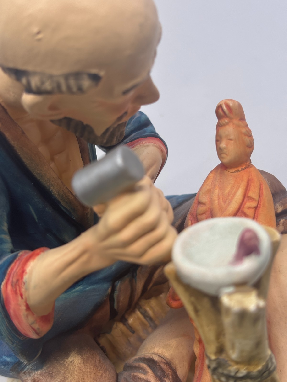 Ceramic Figurines Old Woman Making Basket and Old Man Carving Statue Portugal