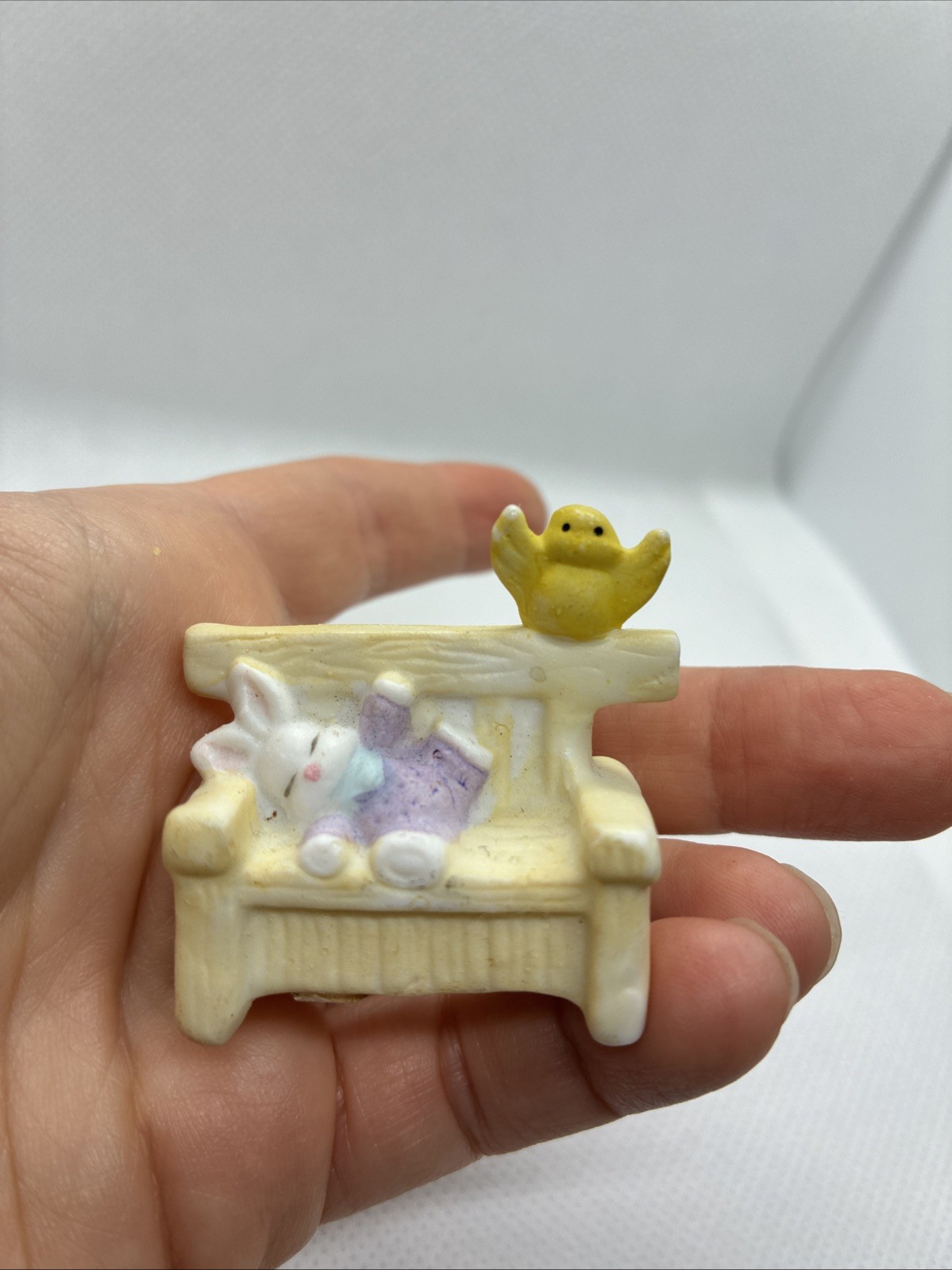 Vintage Easter Bunny Bench Figurine Sleeping Rabbit Chick Resin Mini Decor
