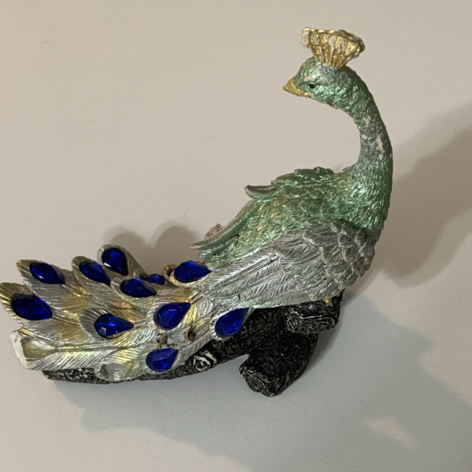 Metallic Peacock Figurine Silver Blue Green Pink Metal Animal Decor