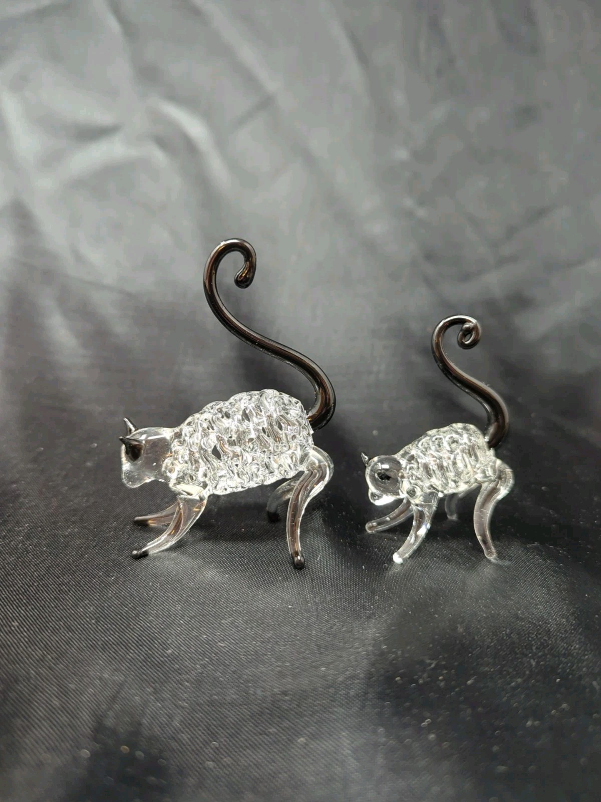 2 Clear + Black Glass Cat Figurines Feline Figure Cats Mama Baby Pet Animal