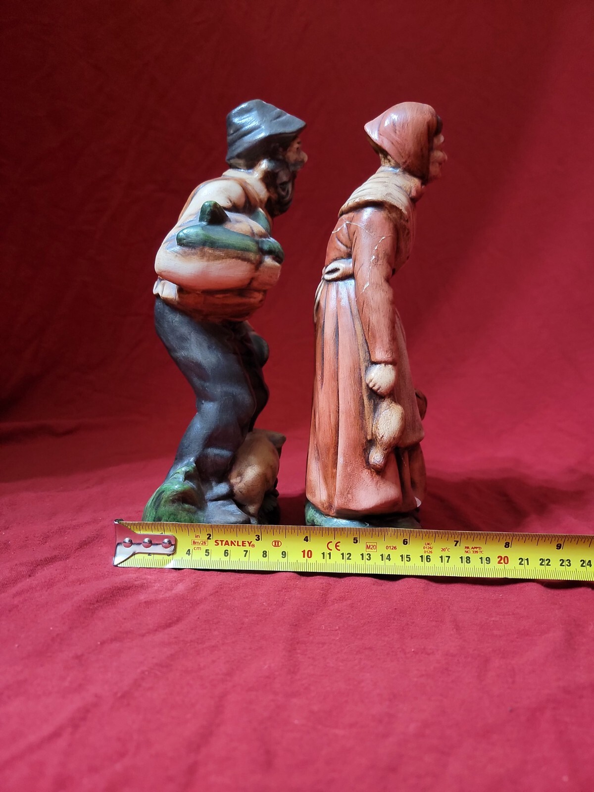 Nostalgic Vintage Bisque Ceramic Figurine Set, Old Man Farmer w/Pig and Old Lady