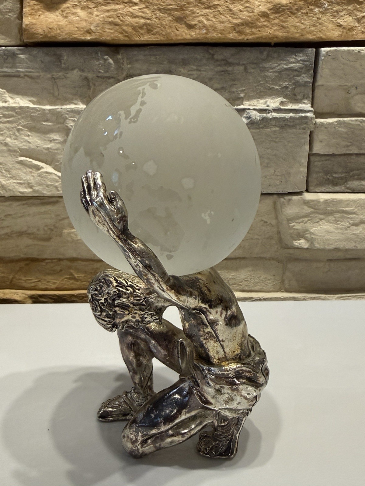 ATLAS SCULPTURE FIGURINE HOLDING SOLID FROSTED ORB GLOBE VINTAGE SILVER TONE