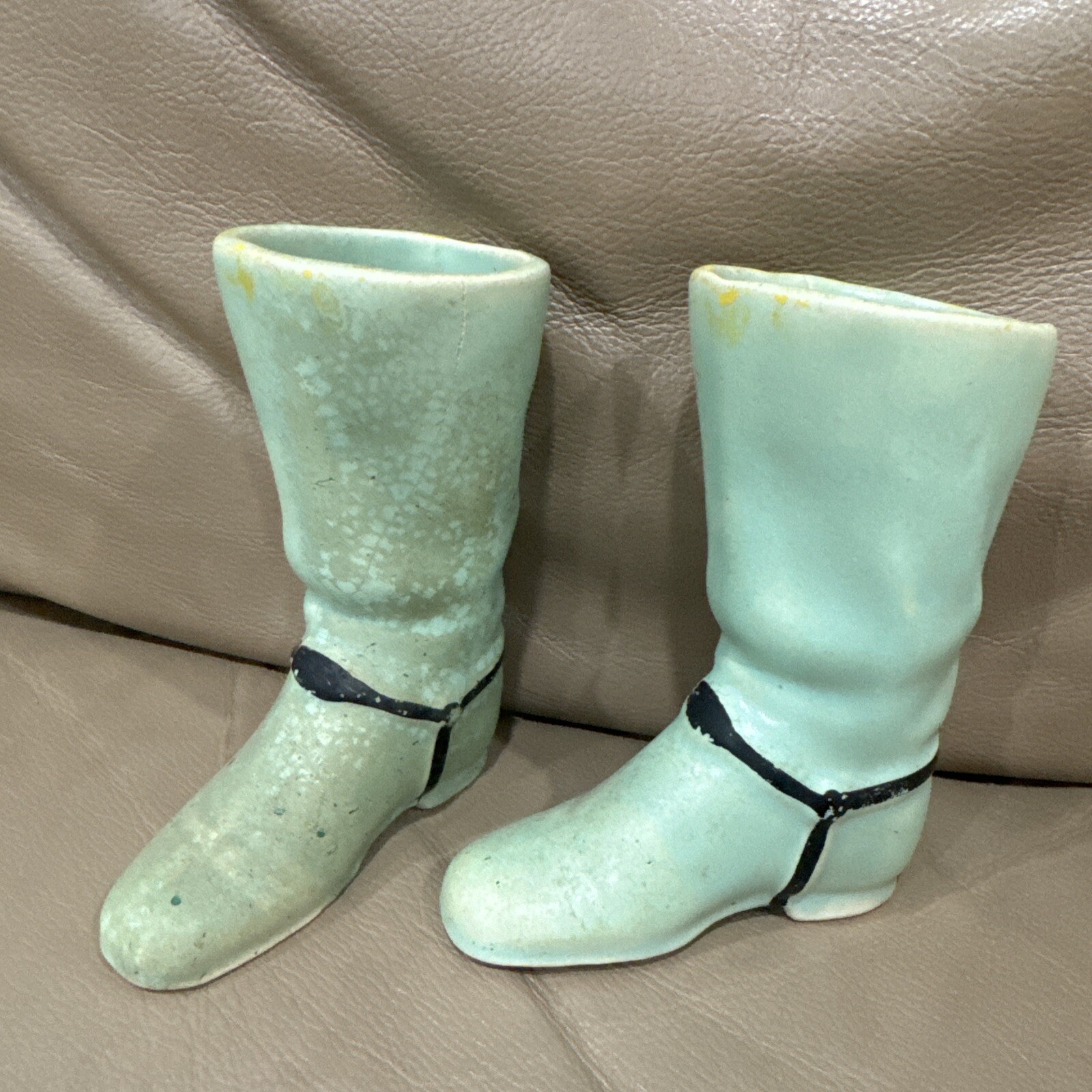 Vintage Aqua Blue Set Ceramic boot bootie figurine 4.25 In