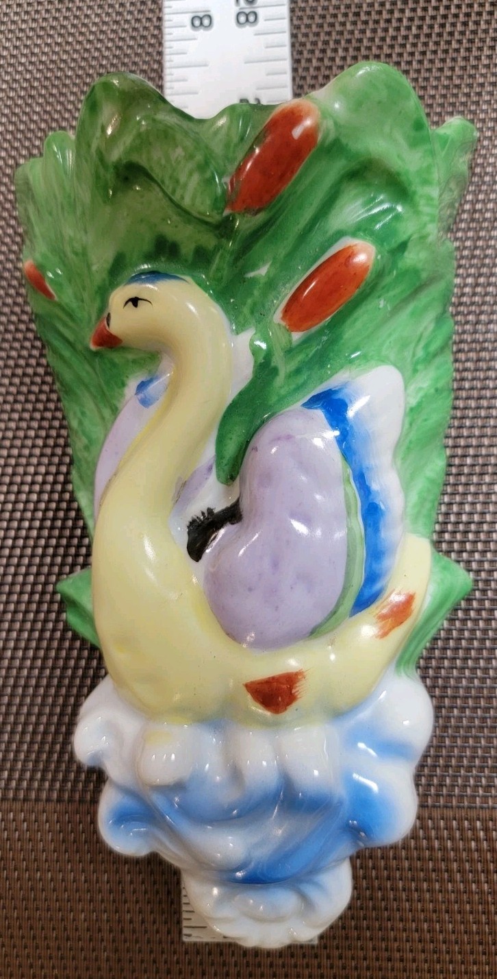 Vintage Swan Cattails Porcelain Wall Pocket Planter MCM Japan Made