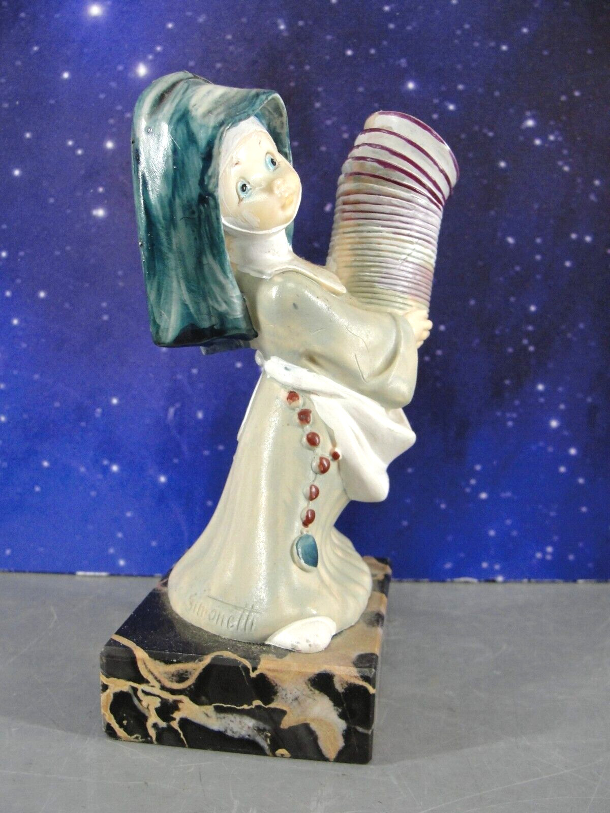 FONTANINI SIMONETTI DEPOSE NUN FIGURE CARRARA MARBLE BASE HAND PAINTED ITALY VTG