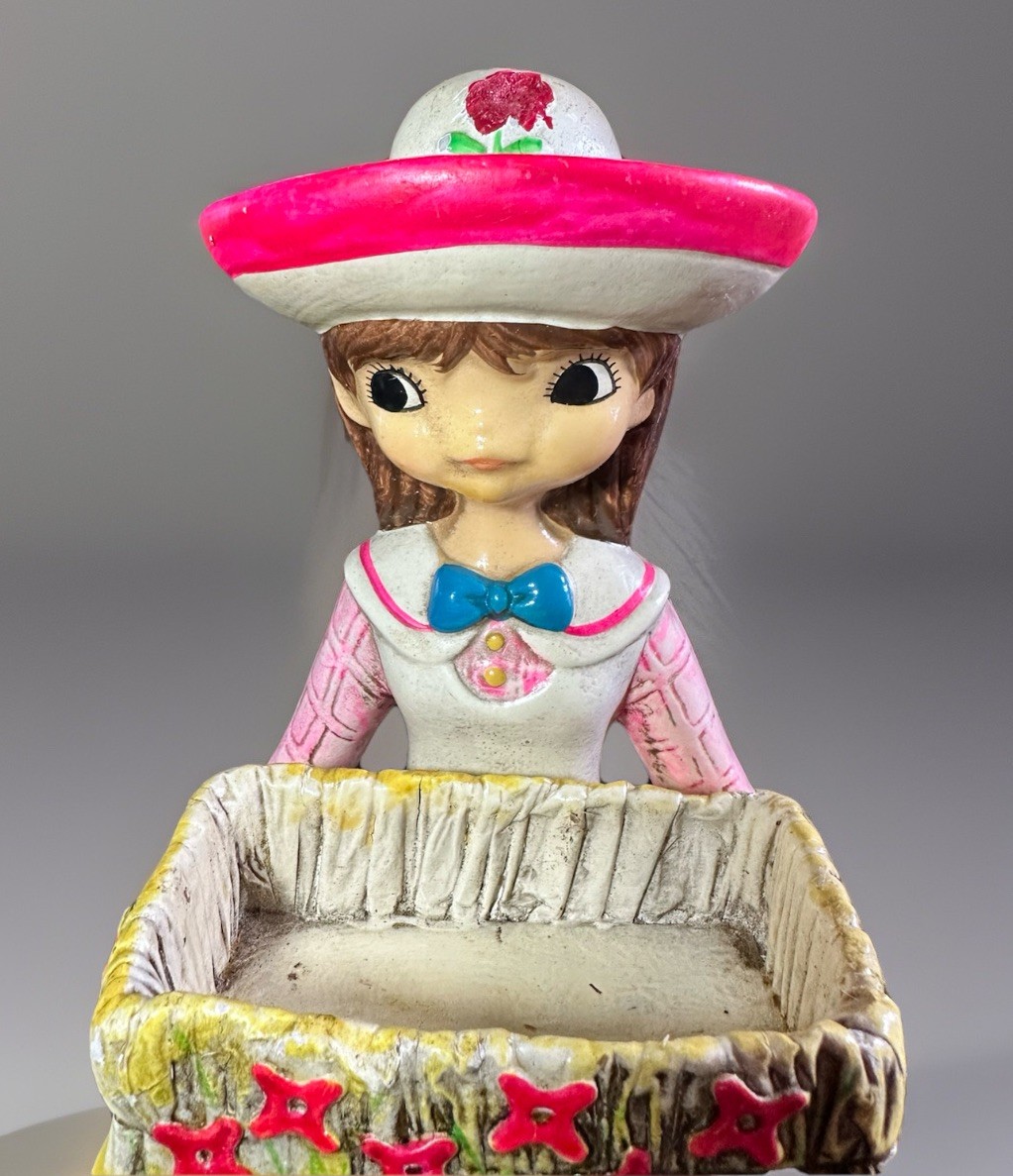 Vintage Chalkware Carl Bernard Japan Girl Planter Big Eyes Bonnet Kitsch 1950s