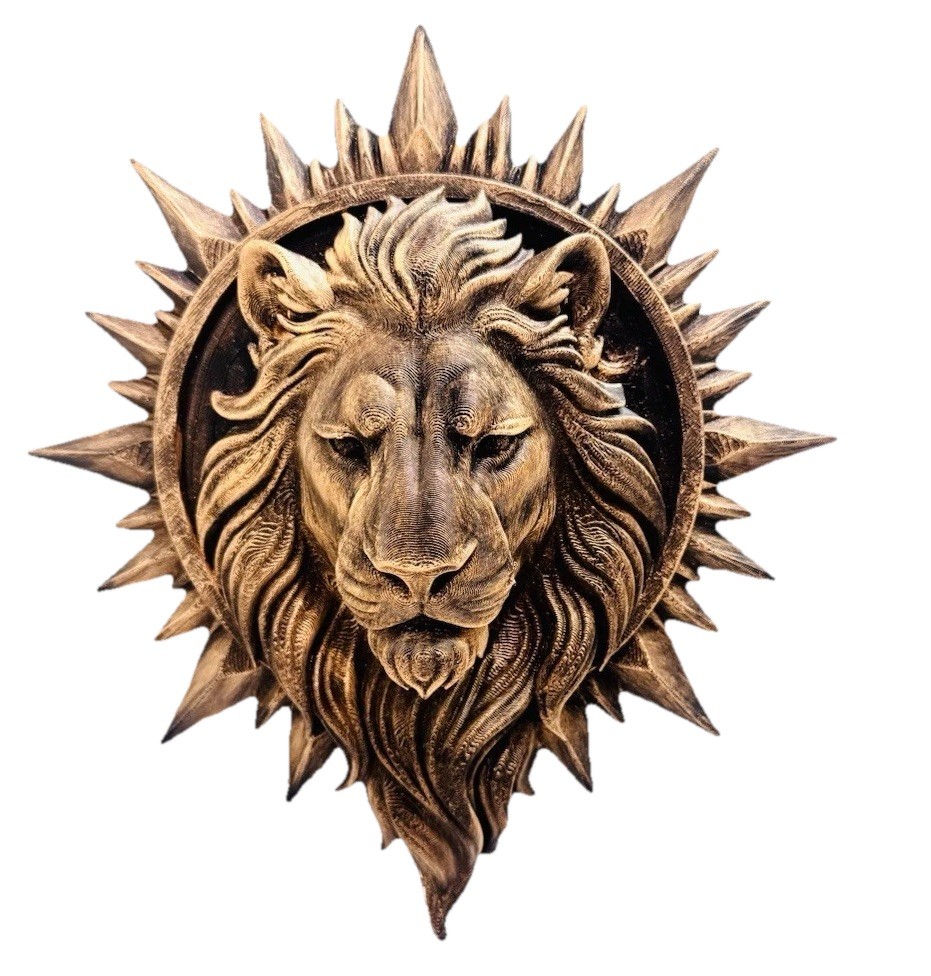 Hand Painted Bronze 9” Lion Wall Art | Sunburst Lion Head Sculpture Home Decor