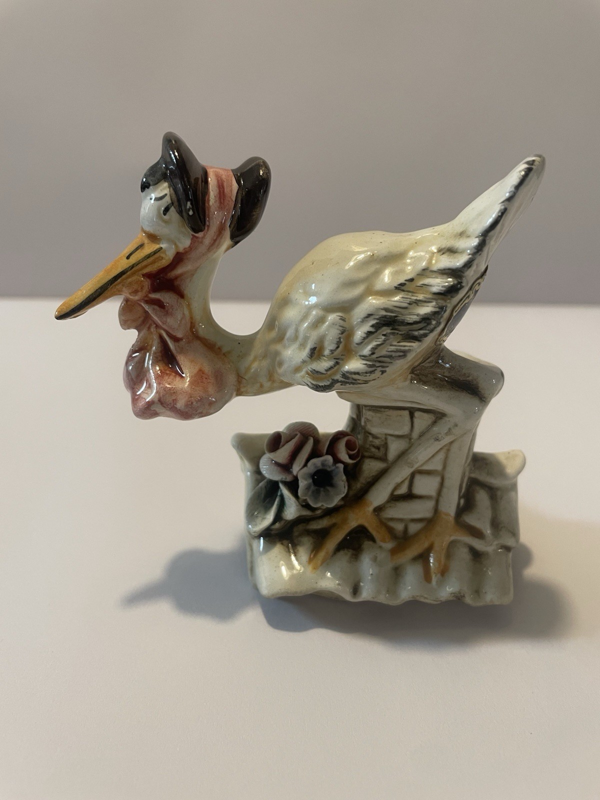 Vintage Capodimonte Stork Bird Figurine With Pink Baby Bundle On Housetop Italy